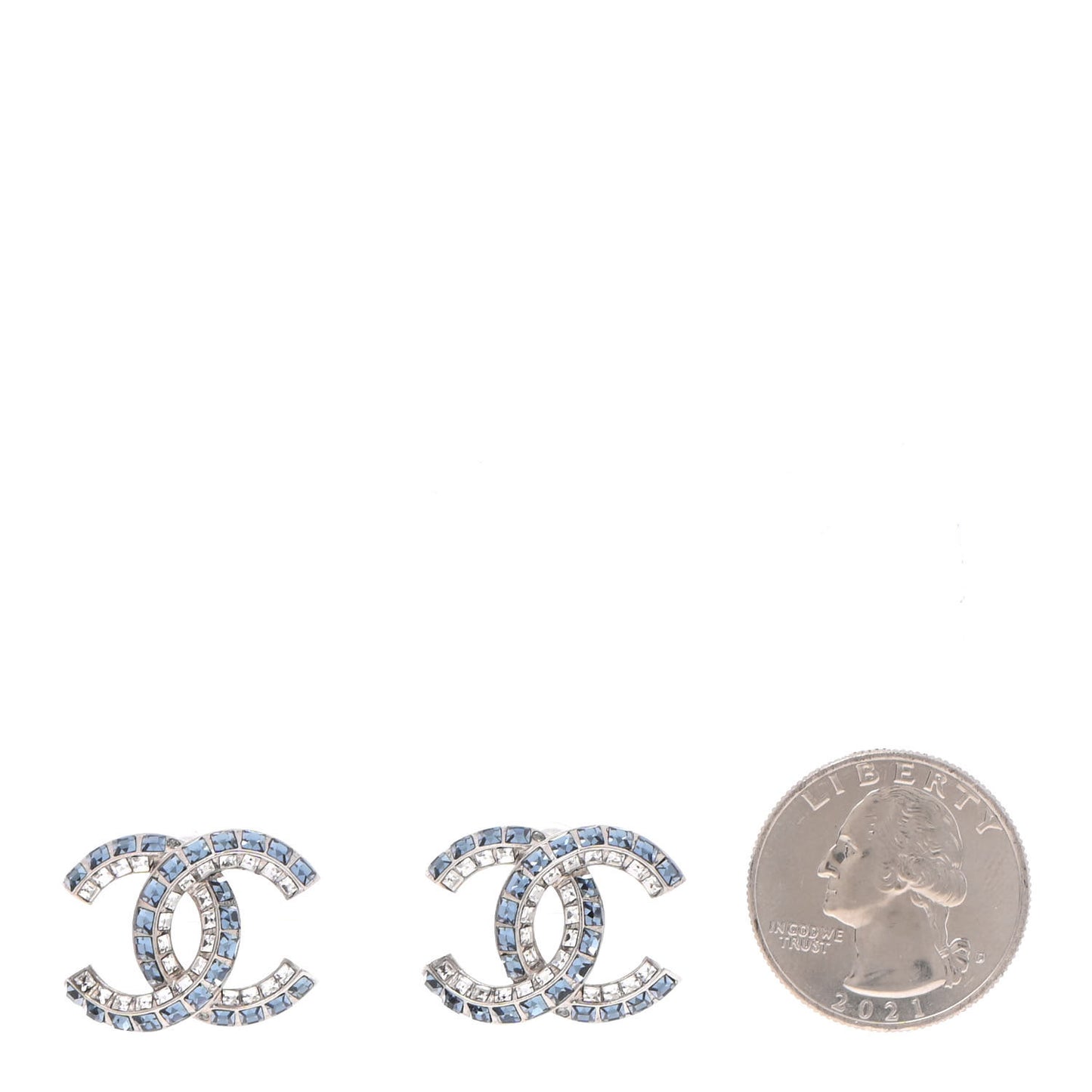 Metal Baguette Crystal CC Earrings Silver Blue