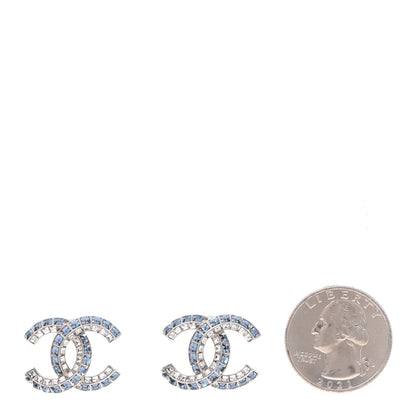 Chanel Metal Baguette Crystal CC Earrings Silver Blue 2 of 4