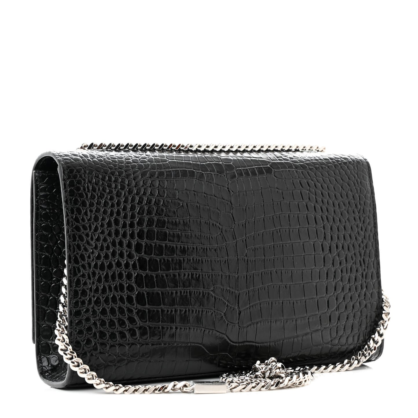 Calfskin Crocodile Embossed Medium Classic Monogram Kate Tassel Satchel Black