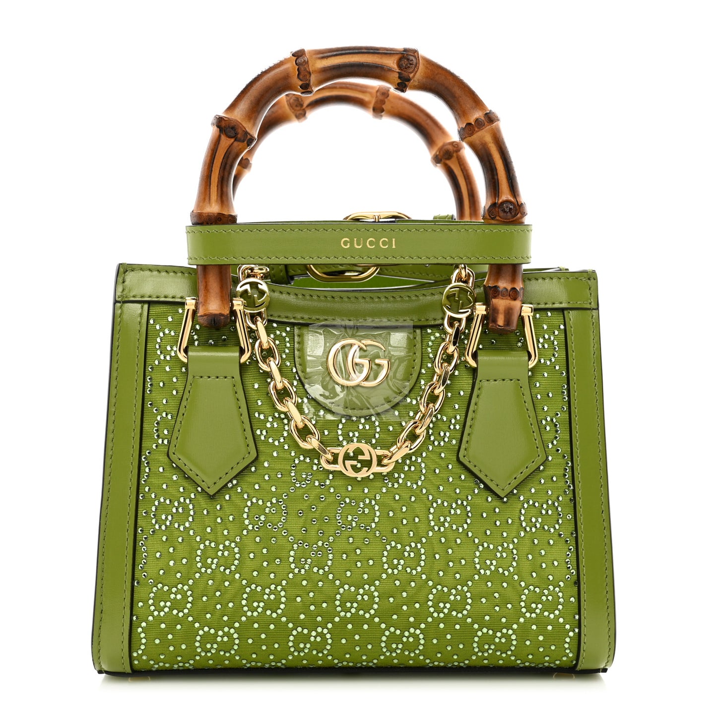 Moire Canvas Calfskin Crystal GG Monogram Mini Diana Tote Bag Green