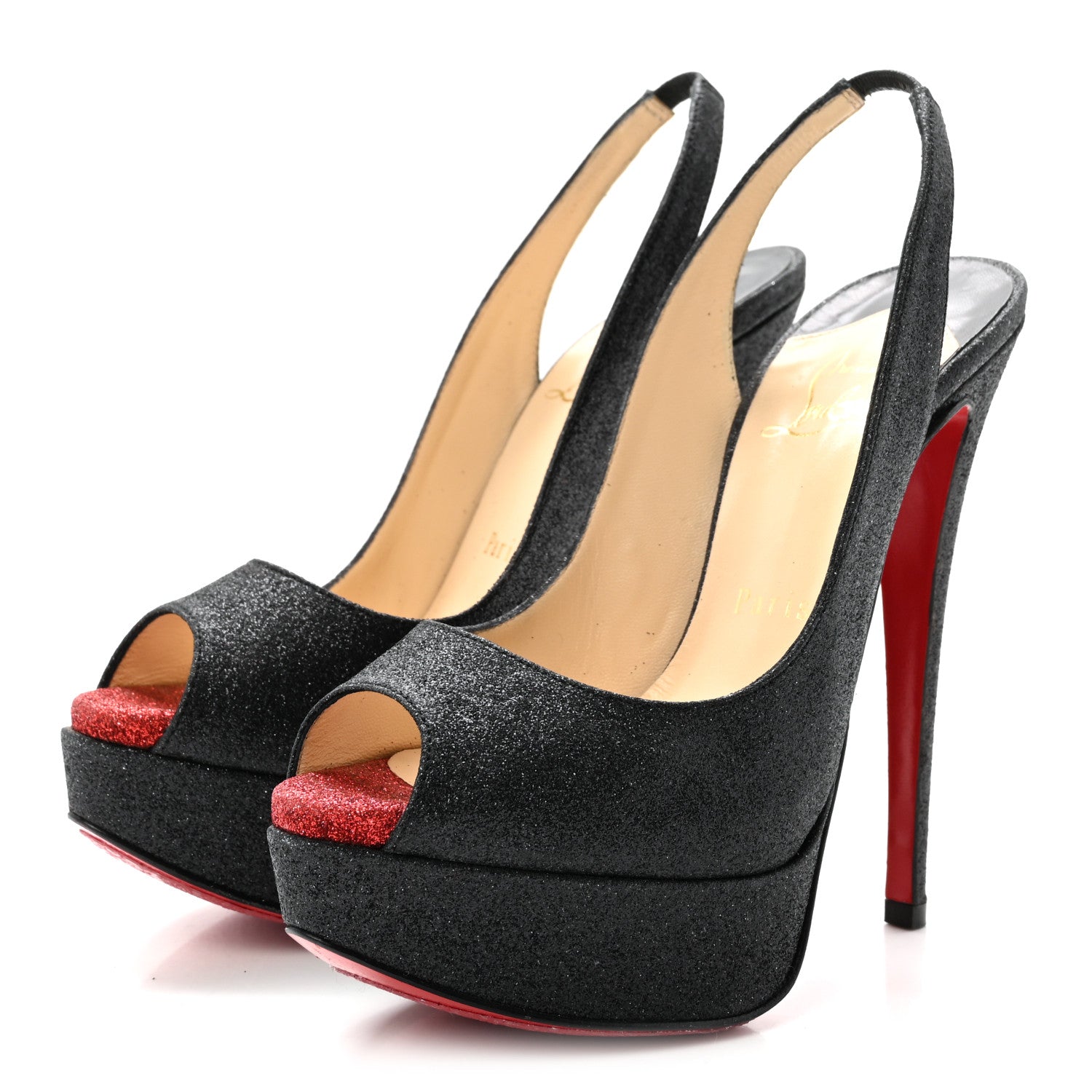 Christian Louboutin Glitter Lady Peep Sling 150 Pumps 35.5 Black Red 4 of 8