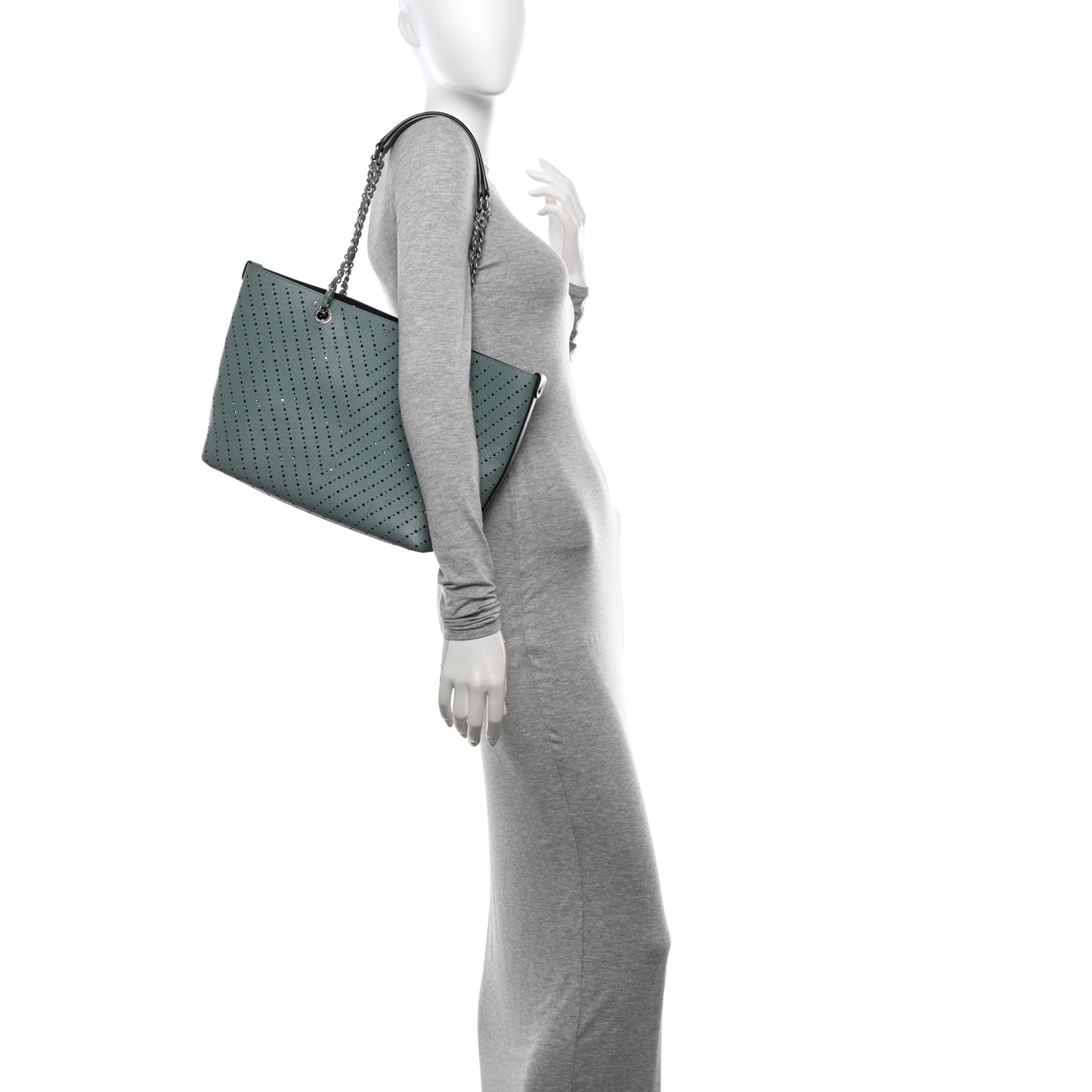 Perforated Grained Calfskin Small Shopping Tote Green