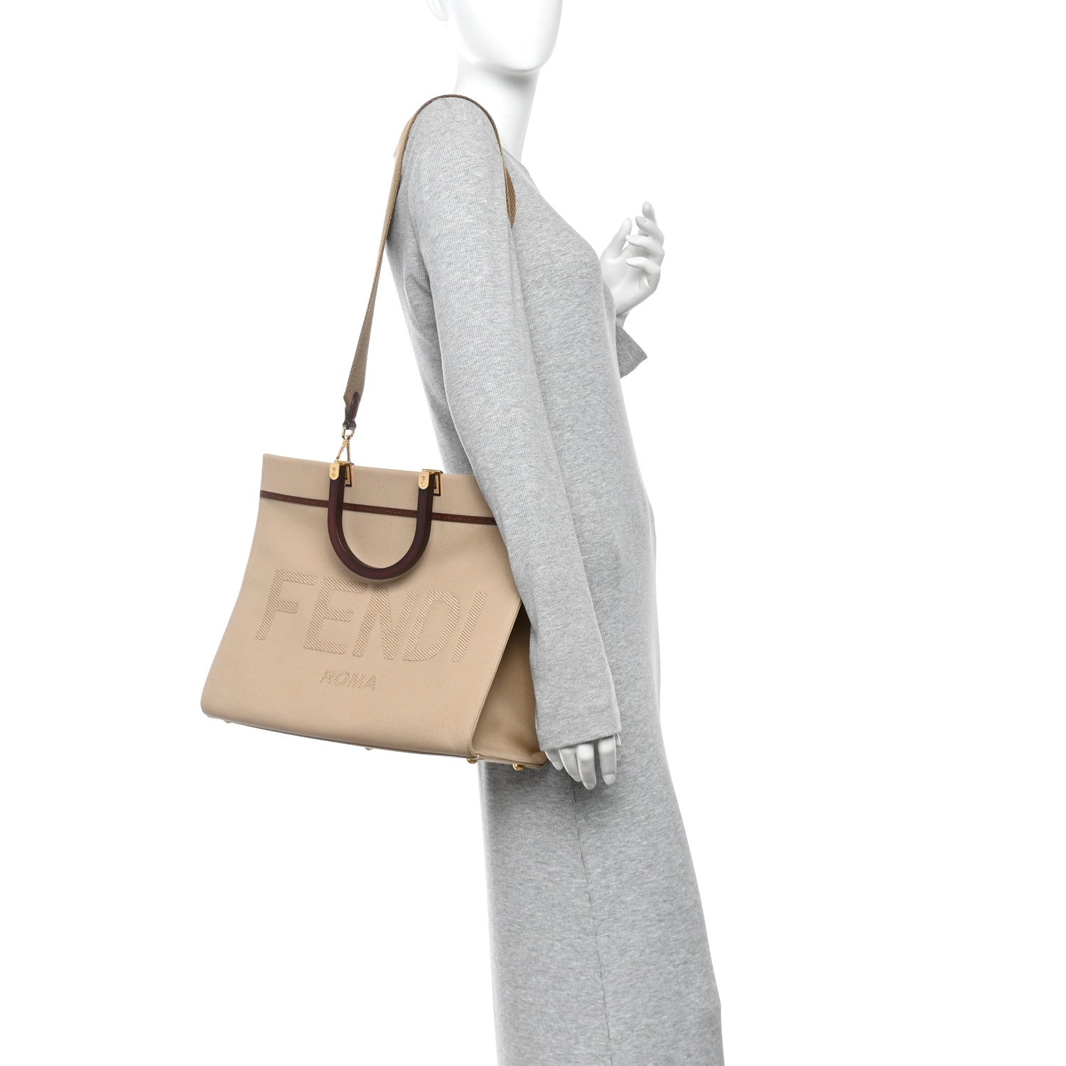 Fendi Canvas Vitello King Logo Embroidered Medium Fendi Sunshine Shopper Tote Sand Ghianda 2 of 9