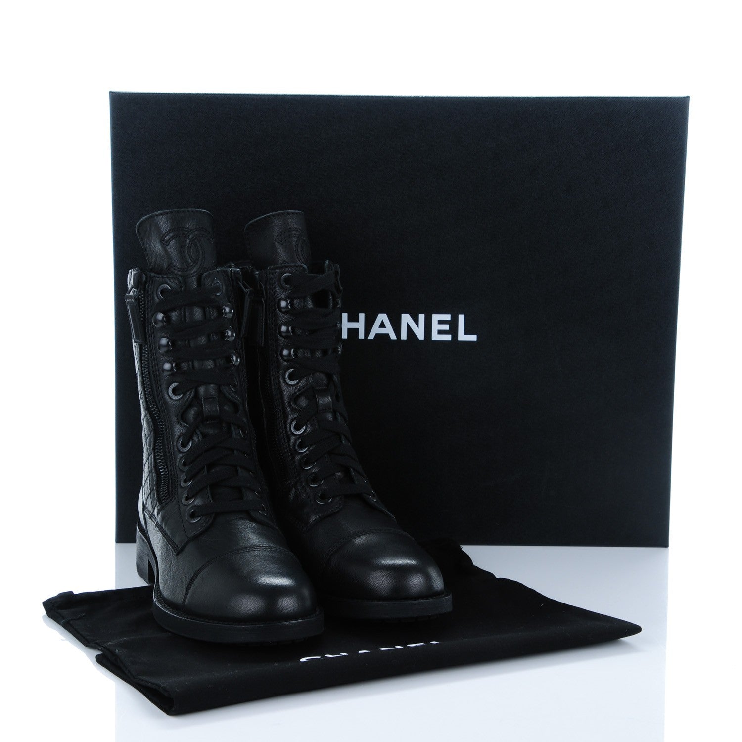 Chanel Sheepskin Quilted CC Tall Lace Up Combat Boots 35.5 Black 8 of 8