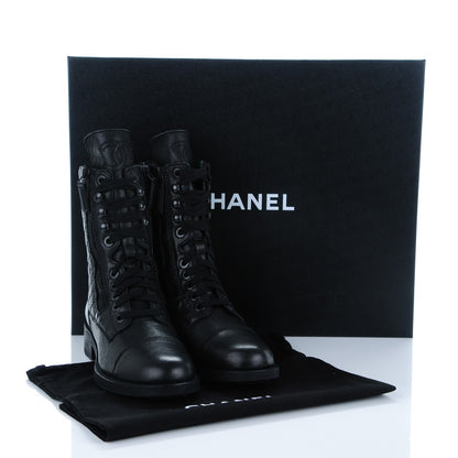 Chanel Sheepskin Quilted CC Tall Lace Up Combat Boots 35.5 Black 8 of 8