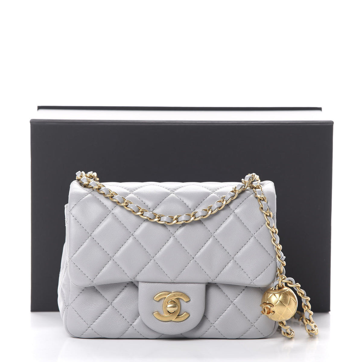 Lambskin Quilted Mini Pearl Crush Flap Light Grey