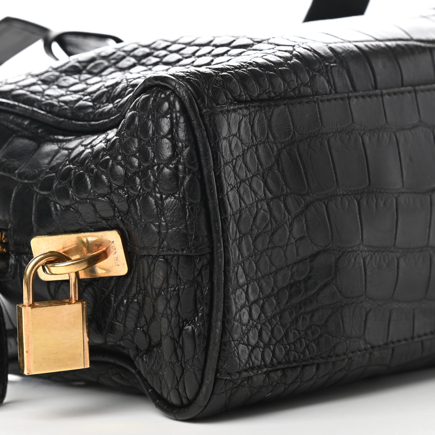Prada Calfskin Crocodile Embossed Satchel Black 9 of 10