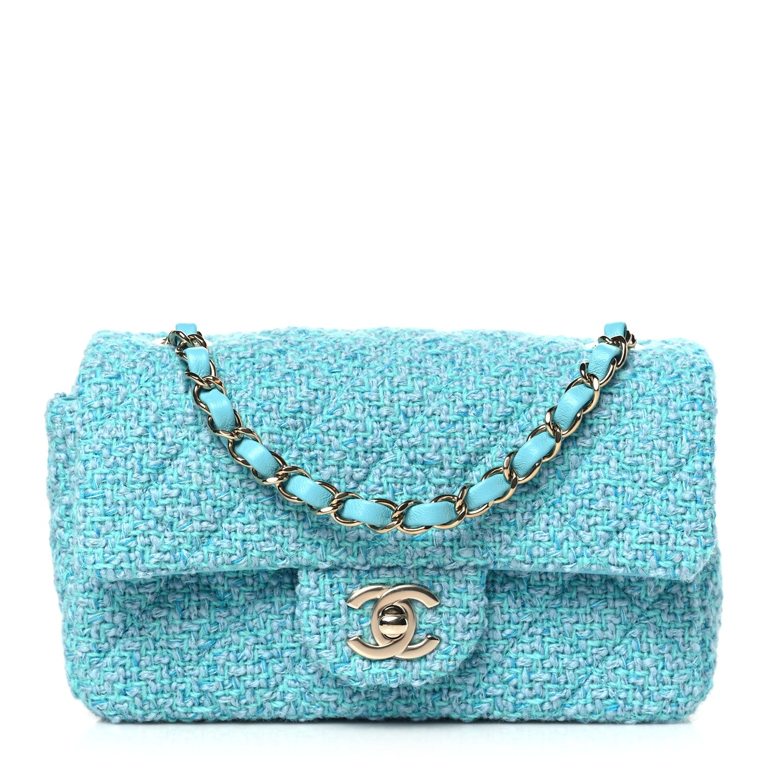 Chanel Wool Tweed Quilted Mini Rectangular Flap Turquoise Light Blue 1 of 11