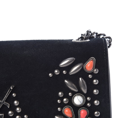 Saint Laurent Suede Small Monogram Stone Studded Kate Satchel Black Turquoise Coral 13 of 23