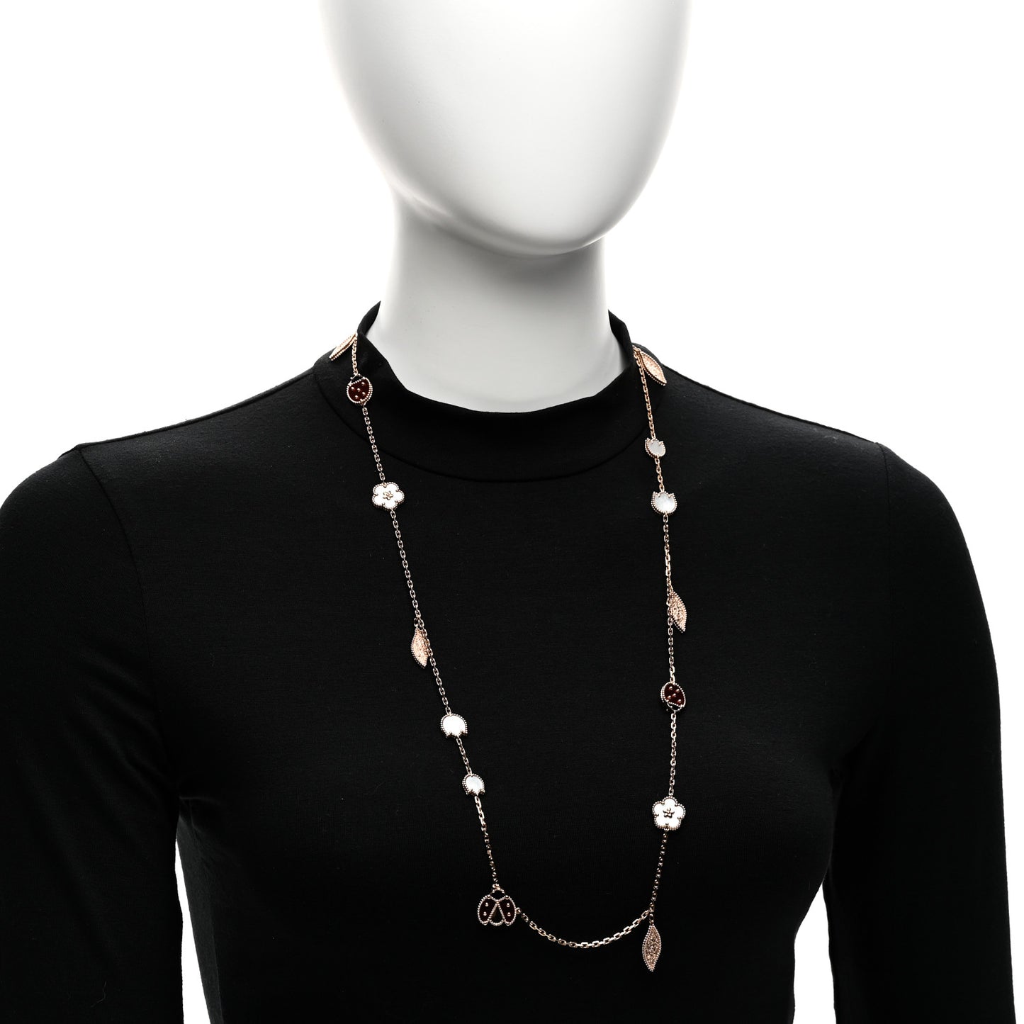 18K Rose Gold Mother of Pearl Carnelian Onyx 15 Motifs Lucky Spring Long Necklace