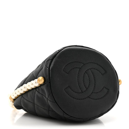 Chanel Calfskin Quilted Pearl Mini About Pearls Drawstring Bucket Bag Black 4 of 12