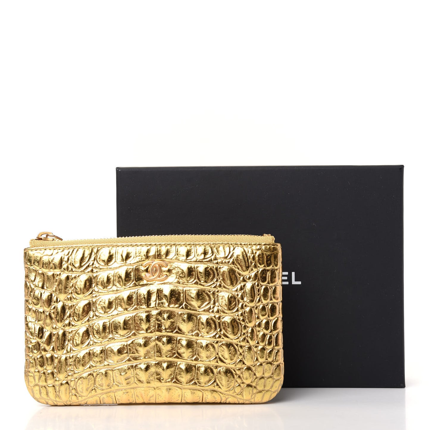 Metallic Calfskin Crocodile Embossed Cocodile Cosmetic Case Gold