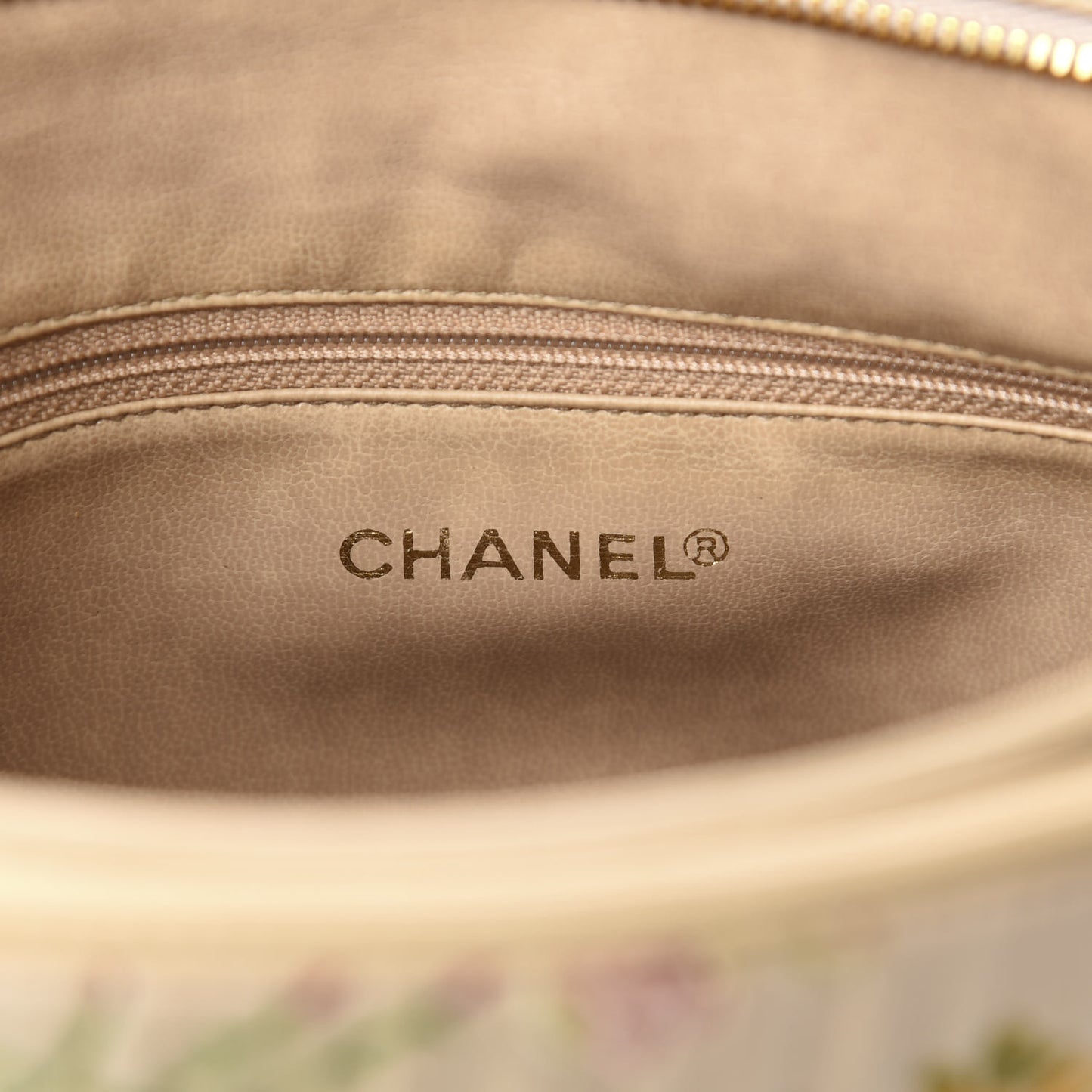 Calfskin Canvas Embroidered Flower Tote Beige