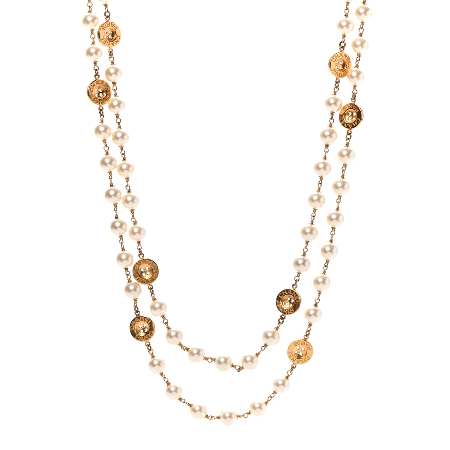 Metal Pearl Paris Button Necklace Gold