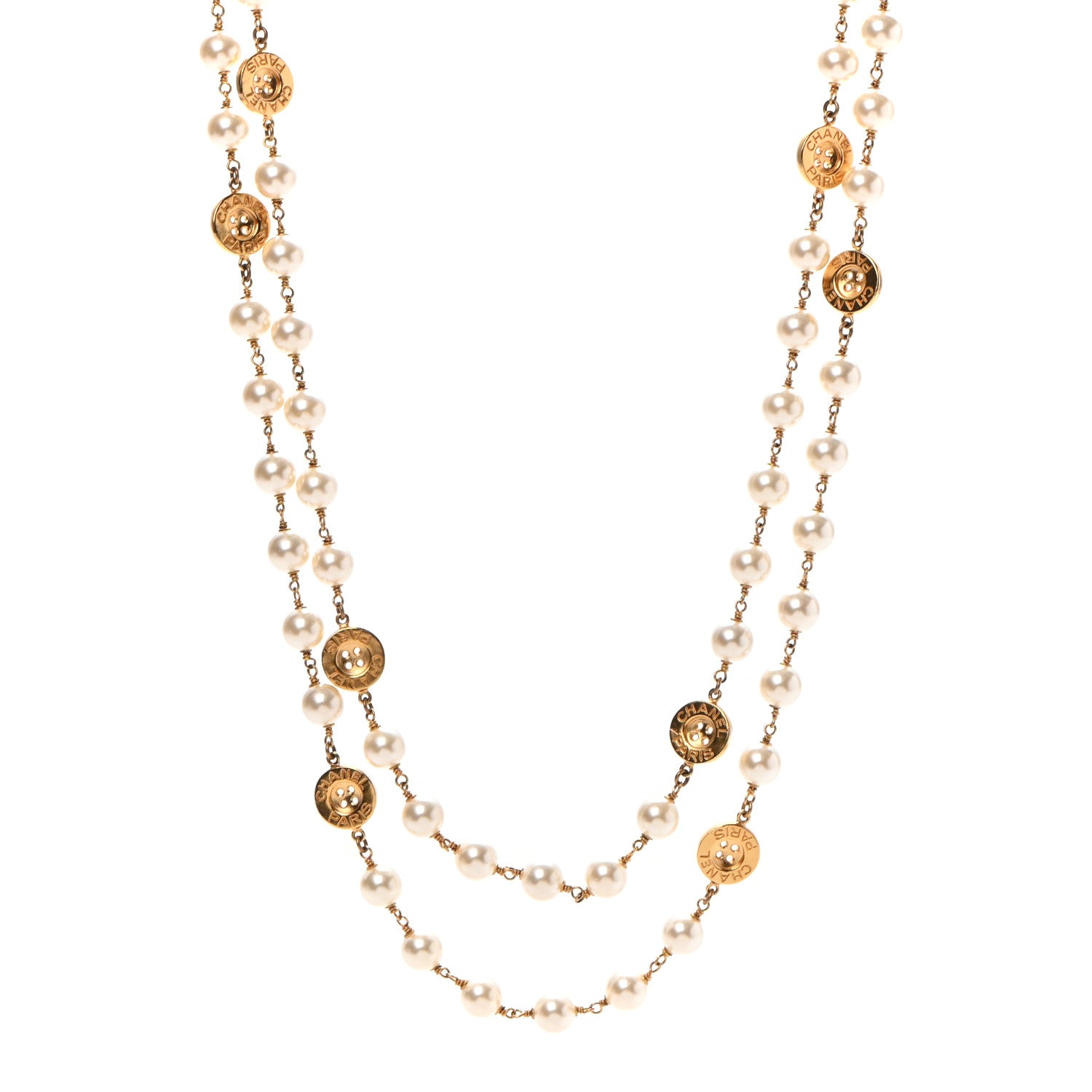 Chanel Metal Pearl Paris Button Necklace Gold 1 of 5