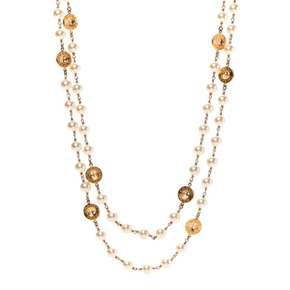 Chanel Metal Pearl Paris Button Necklace Gold 1 of 5