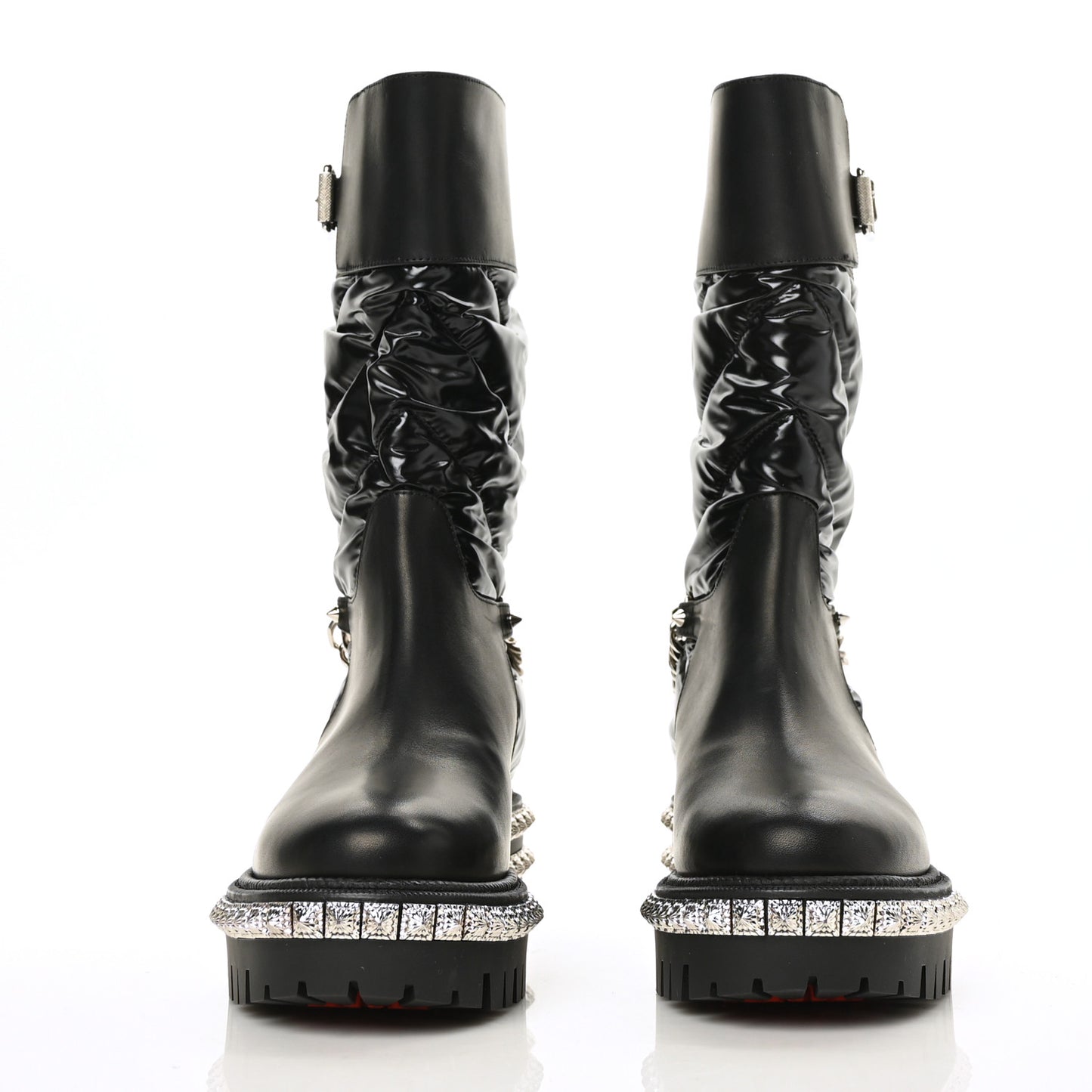 Glazed Fabric Quilted Calfskin Studded Chain Verdonna Boots 35 Black
