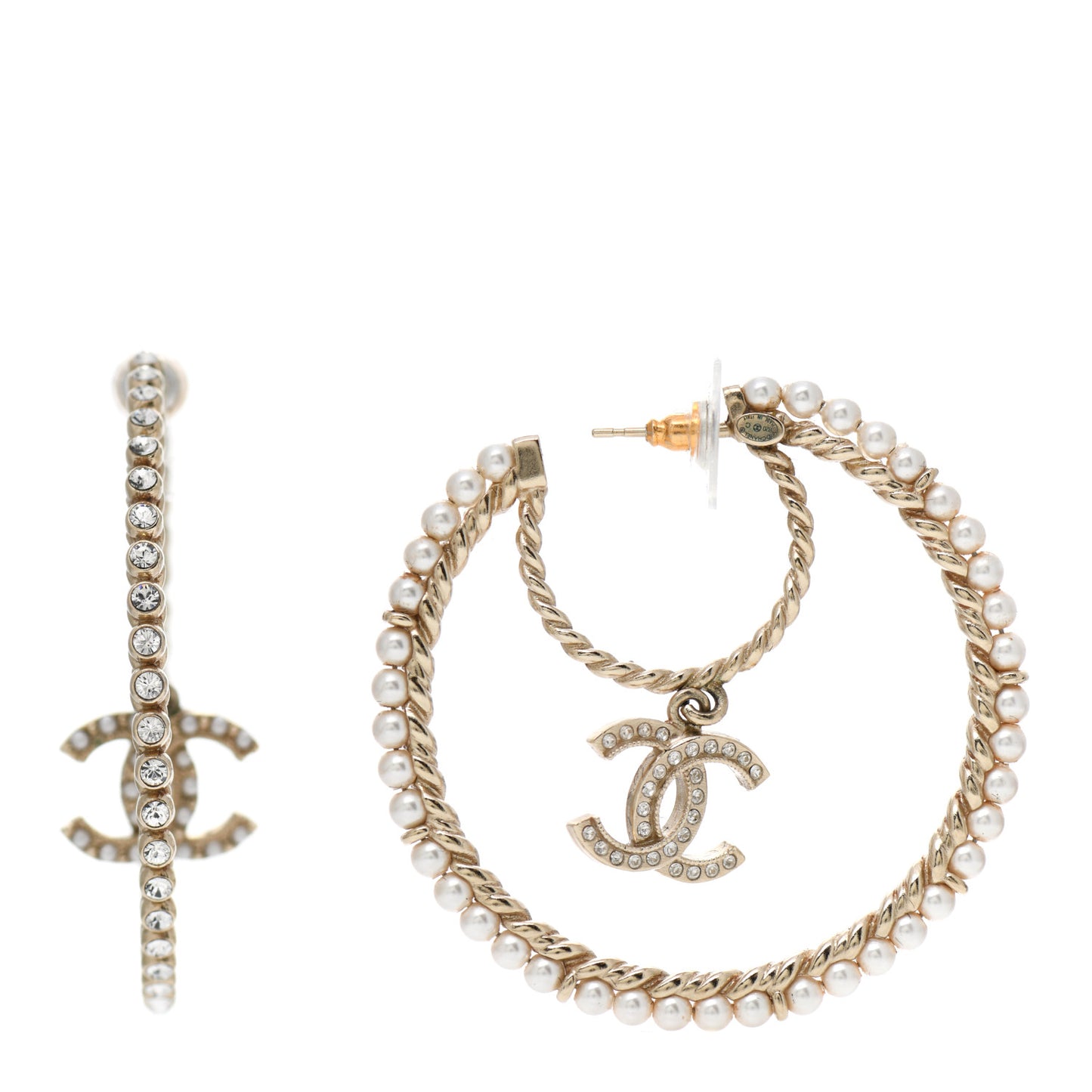 Crystal Pearl CC Drop Hoop Earrings Gold Pearly White