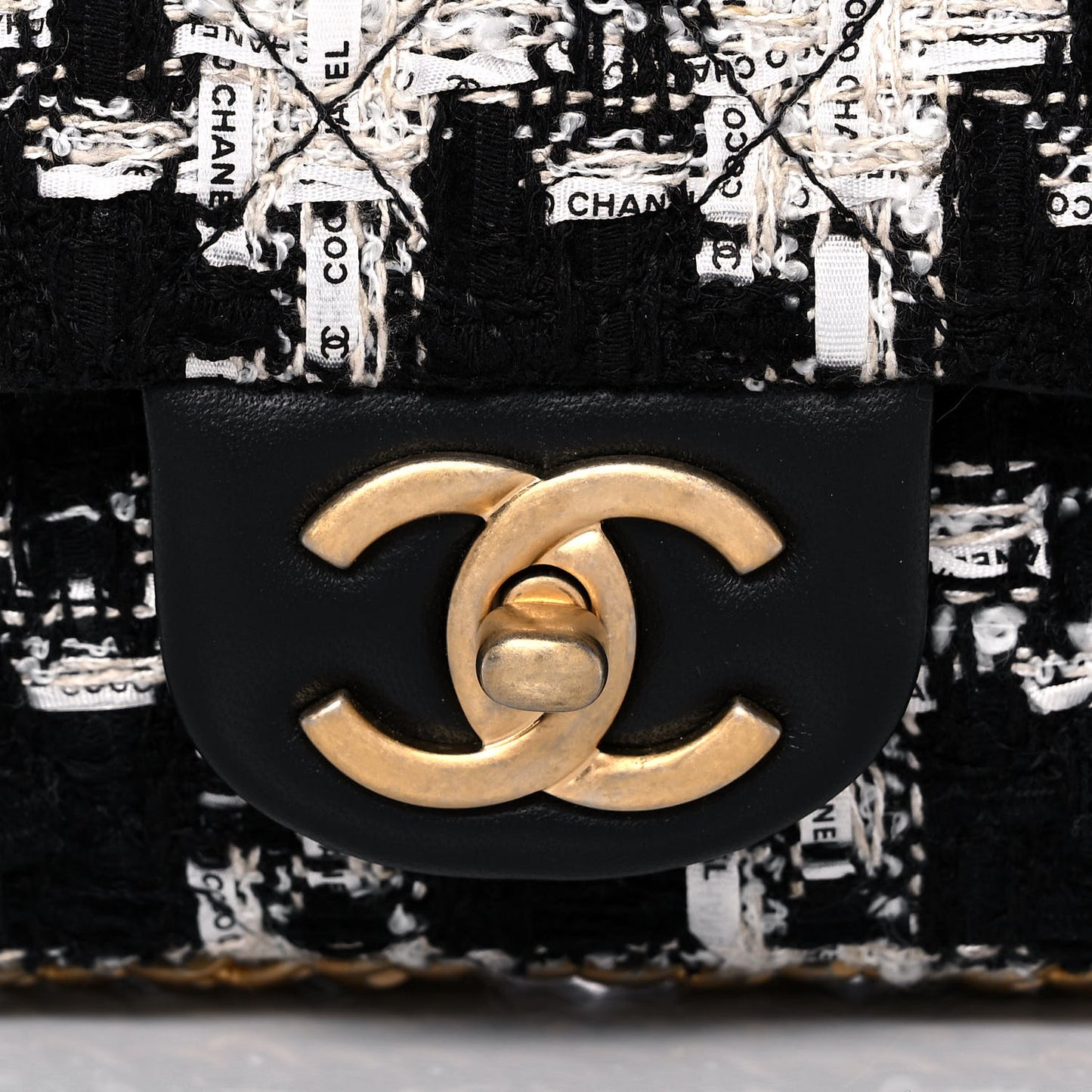 Tweed Quilted Mini Side Pearl Flap Bag Black Ecru White