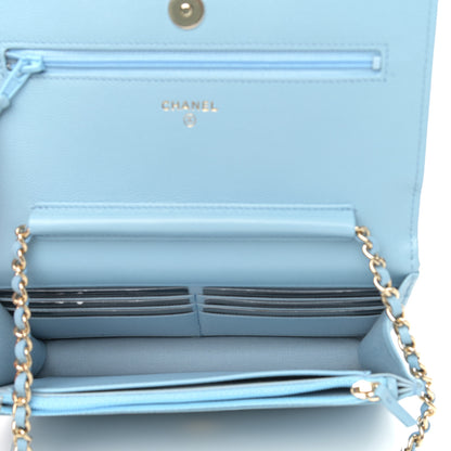 Chanel Caviar Quilted Crystal CC Wallet On Chain WOC Light Blue 5 of 13