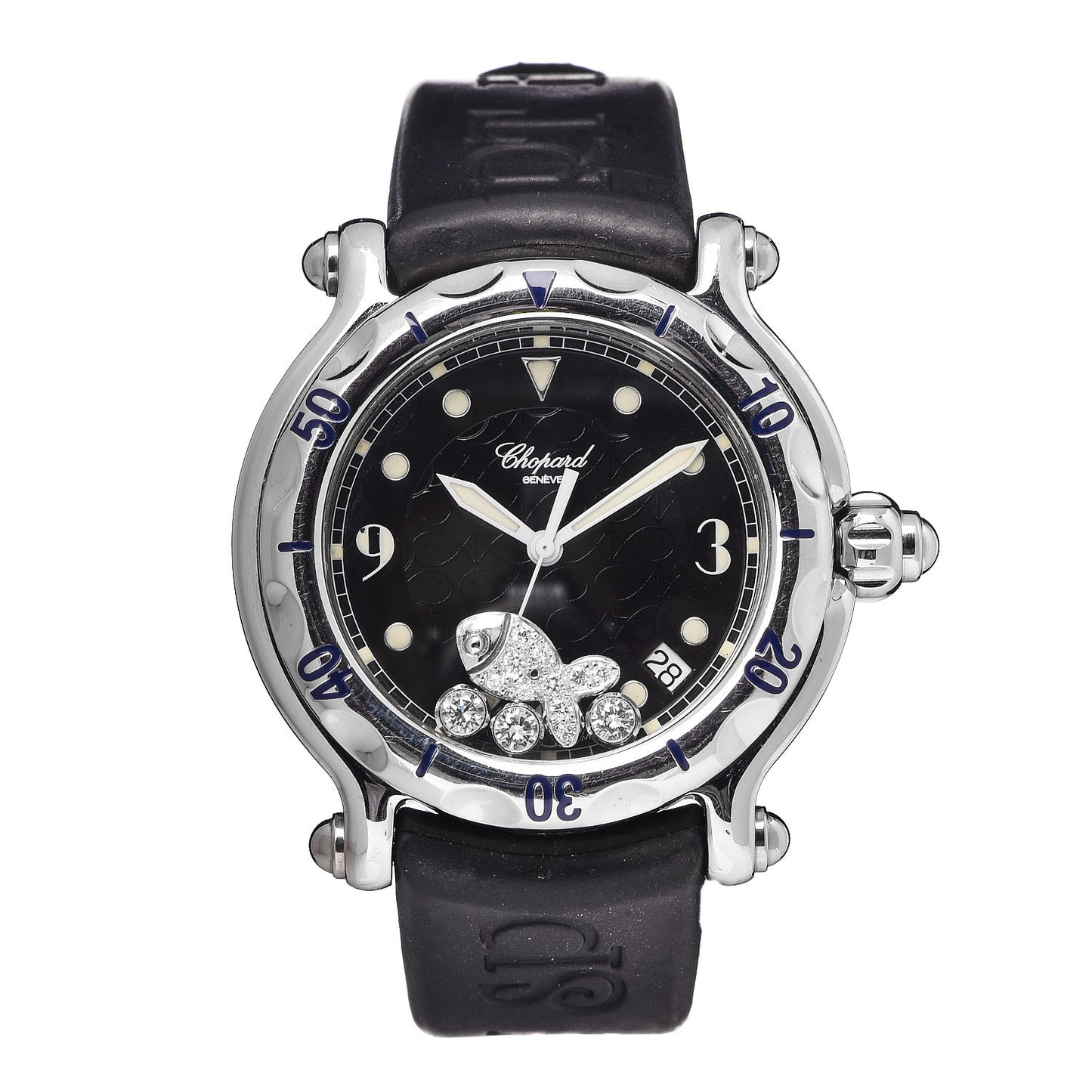 Stainless Steel Rubber Diamond 38mm Happy Sport Fish Quartz Watch Black