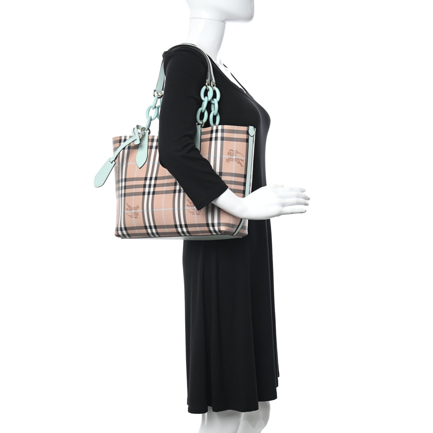 Burberry Calfskin Haymarket Check Small Reversible Tote Pale Opal