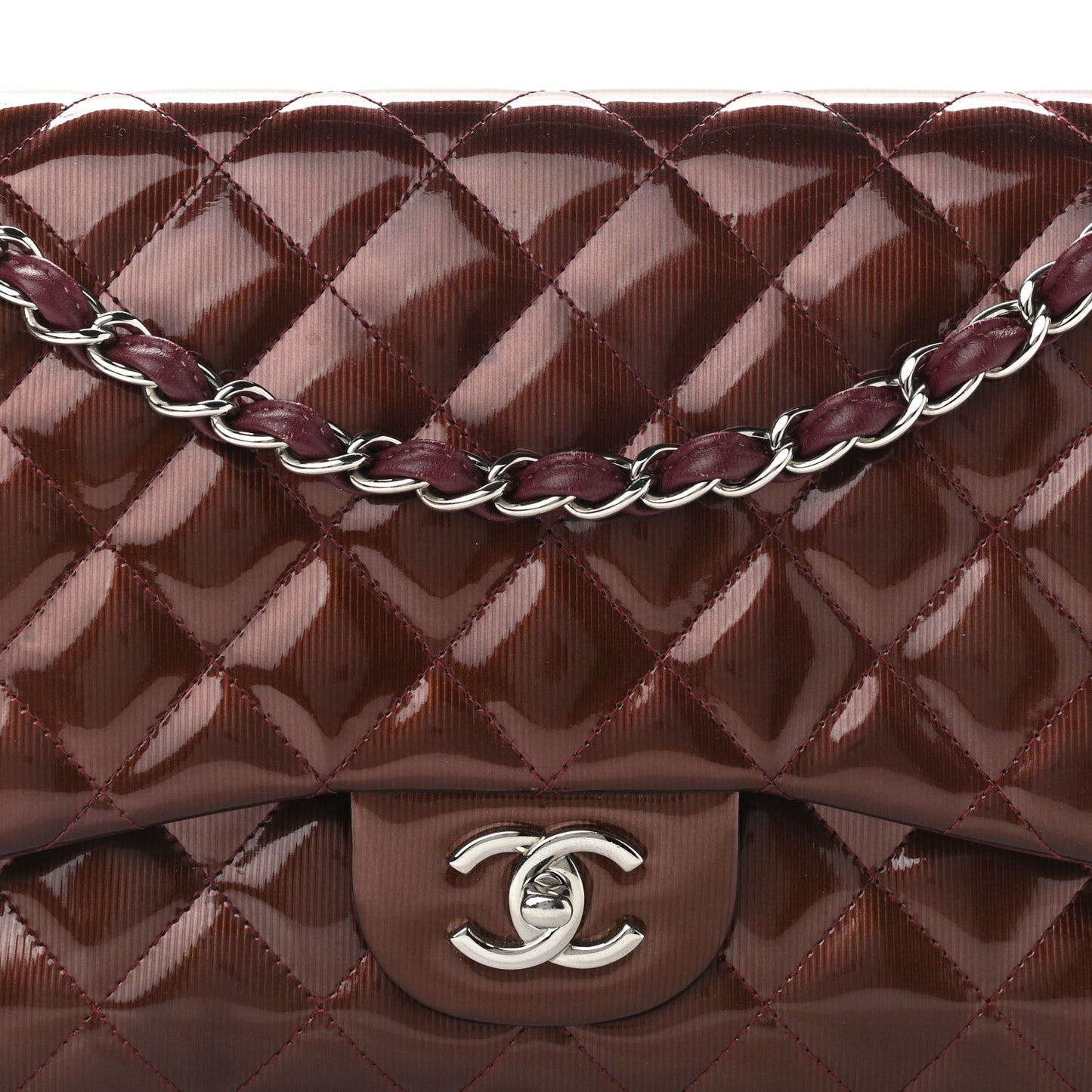 Striated Patent Quilted Jumbo Double Flap Burgundy
