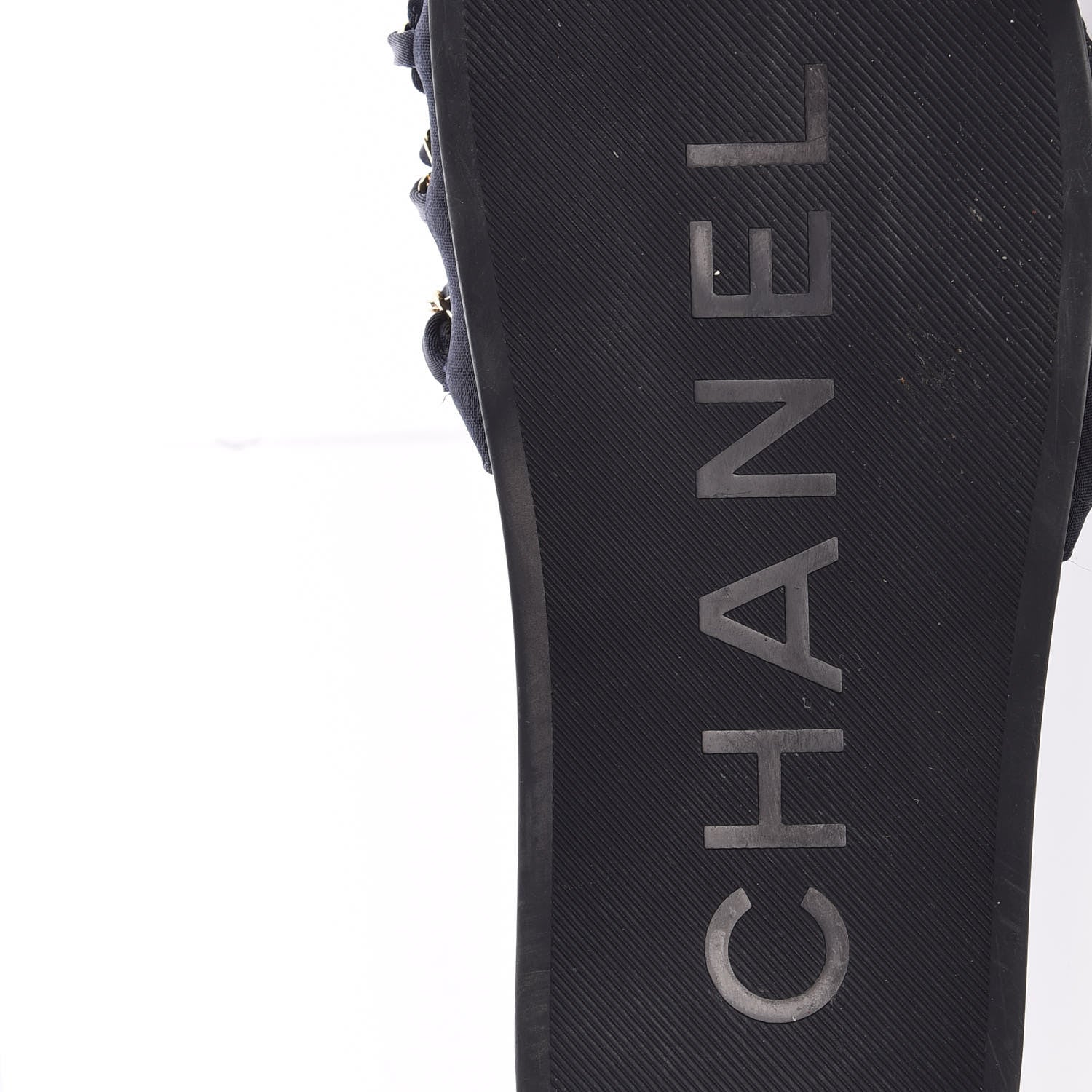 Chanel Satin Canvas Chain Flat Sandals 37 Marine 8 of 16