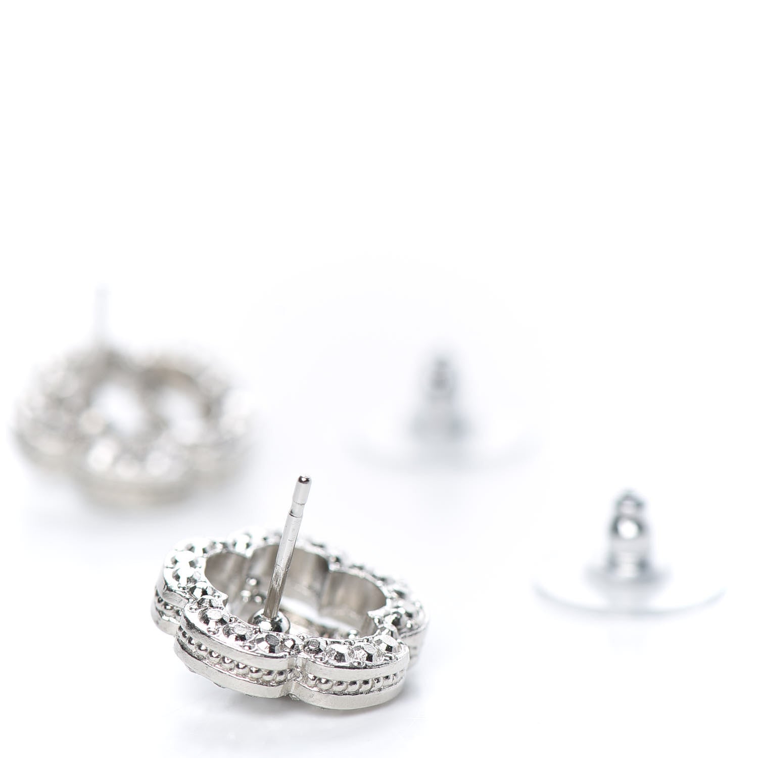 Chanel Crystal Coco Flapper Camellia CC Stud Earrings Silver 3 of 4