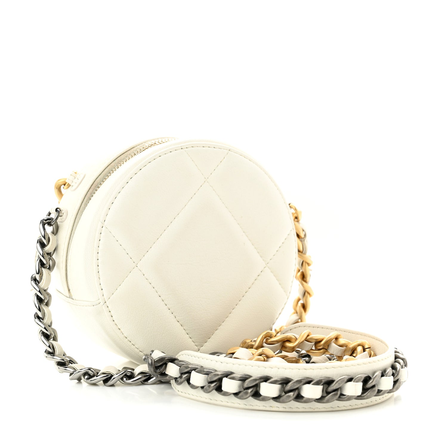 Goatskin Quilted Chanel 19 Round Clutch With Chain White