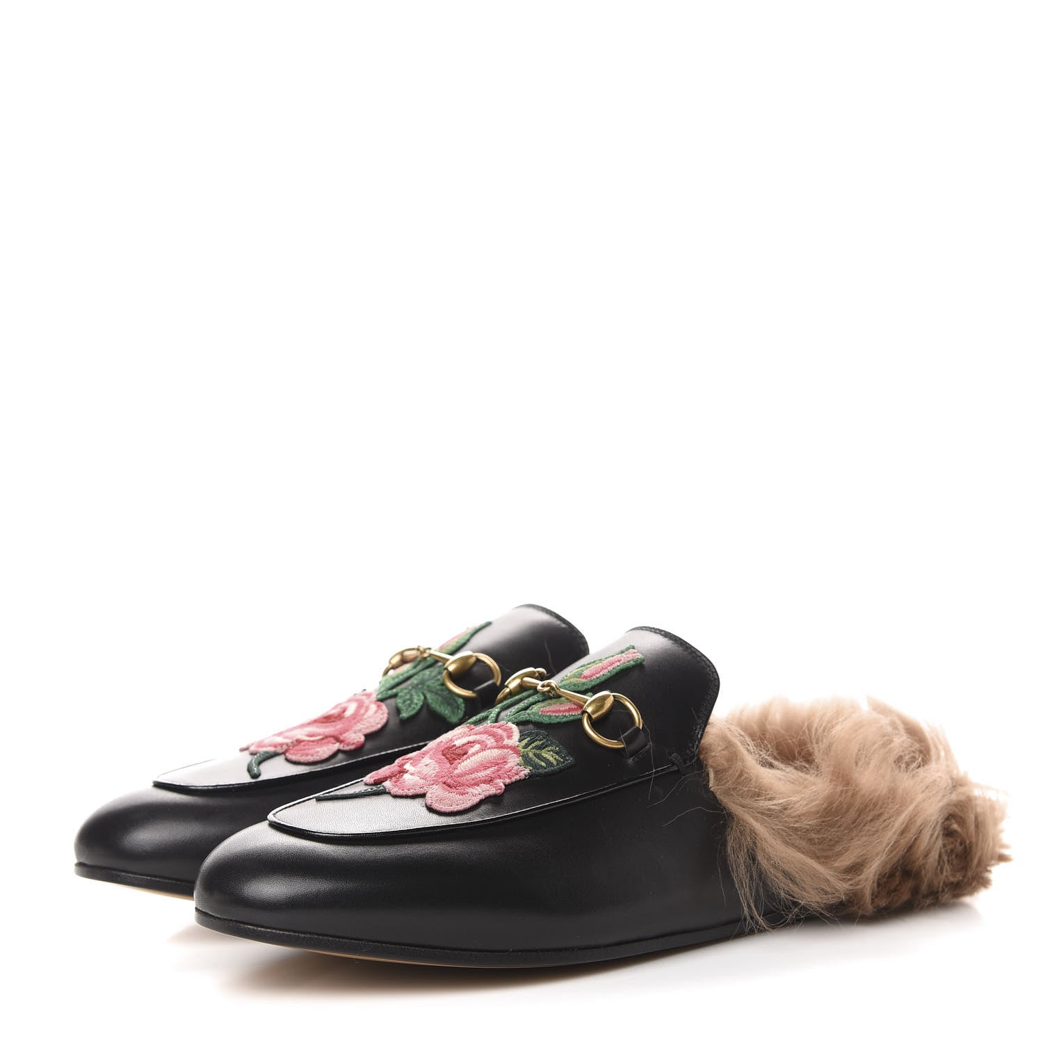 Gucci Calfskin Fur Flower Embroidered Princetown Slippers 41 Black 3 of 9