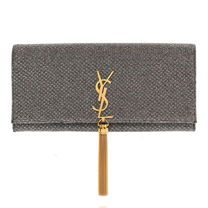 Saint Laurent Metallic Canvas Woven Classic Monogram Kate Tassel Clutch Silver Gold 1 of 6