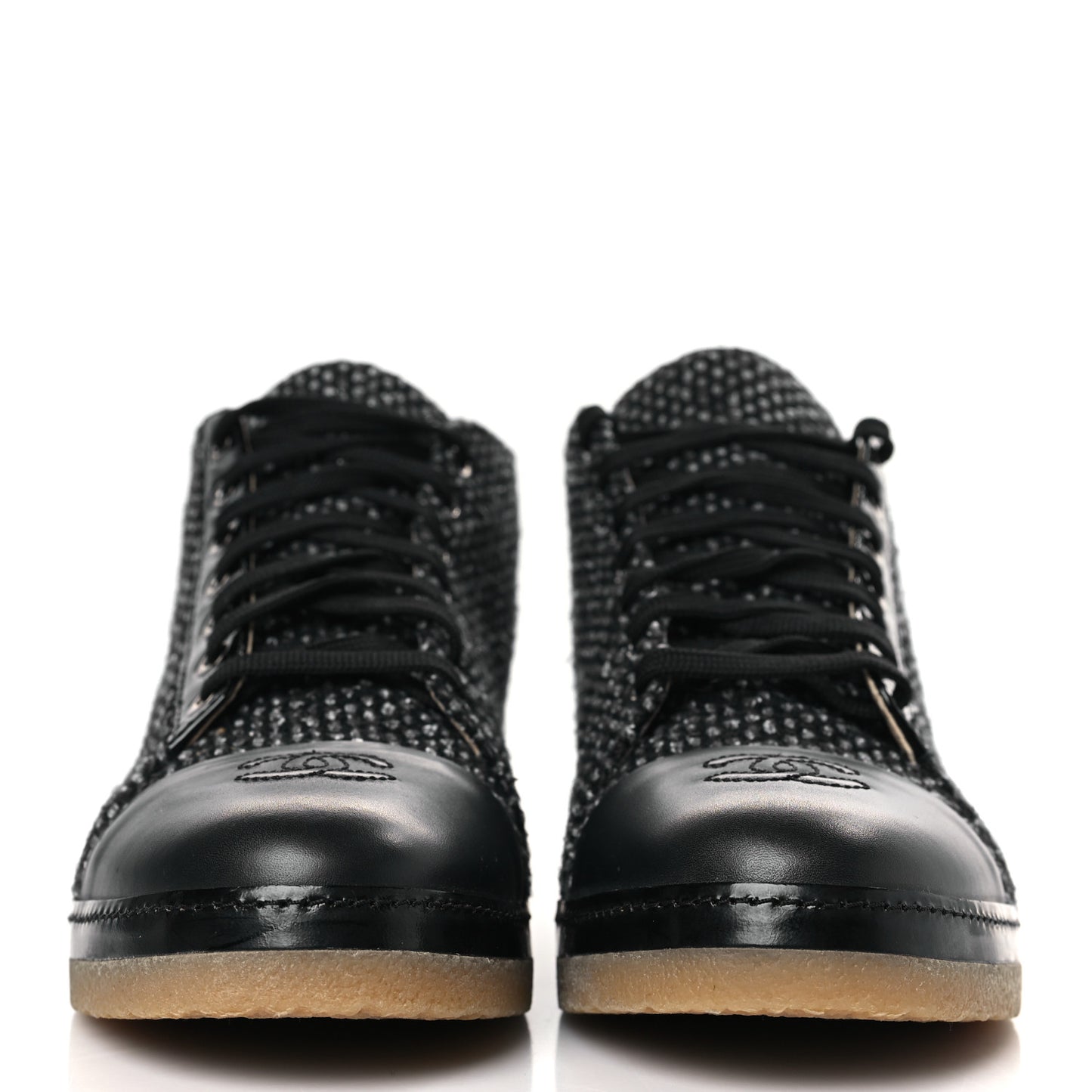 Tweed Calfskin Patent CC Lace Up Short Boots 42 Black Grey Dark Navy