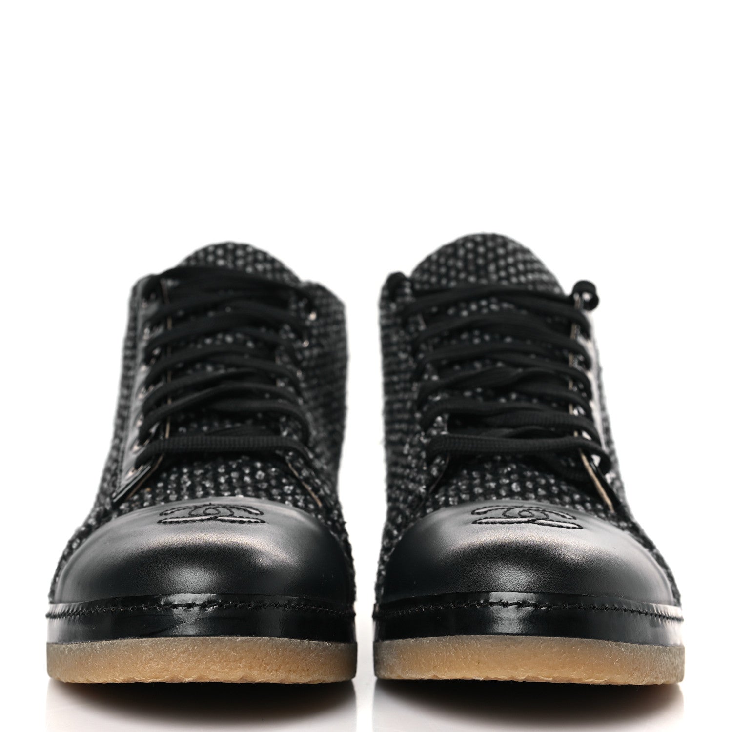 Chanel Tweed Calfskin Patent CC Lace Up Short Boots 42 Black Grey Dark Navy 2 of 8