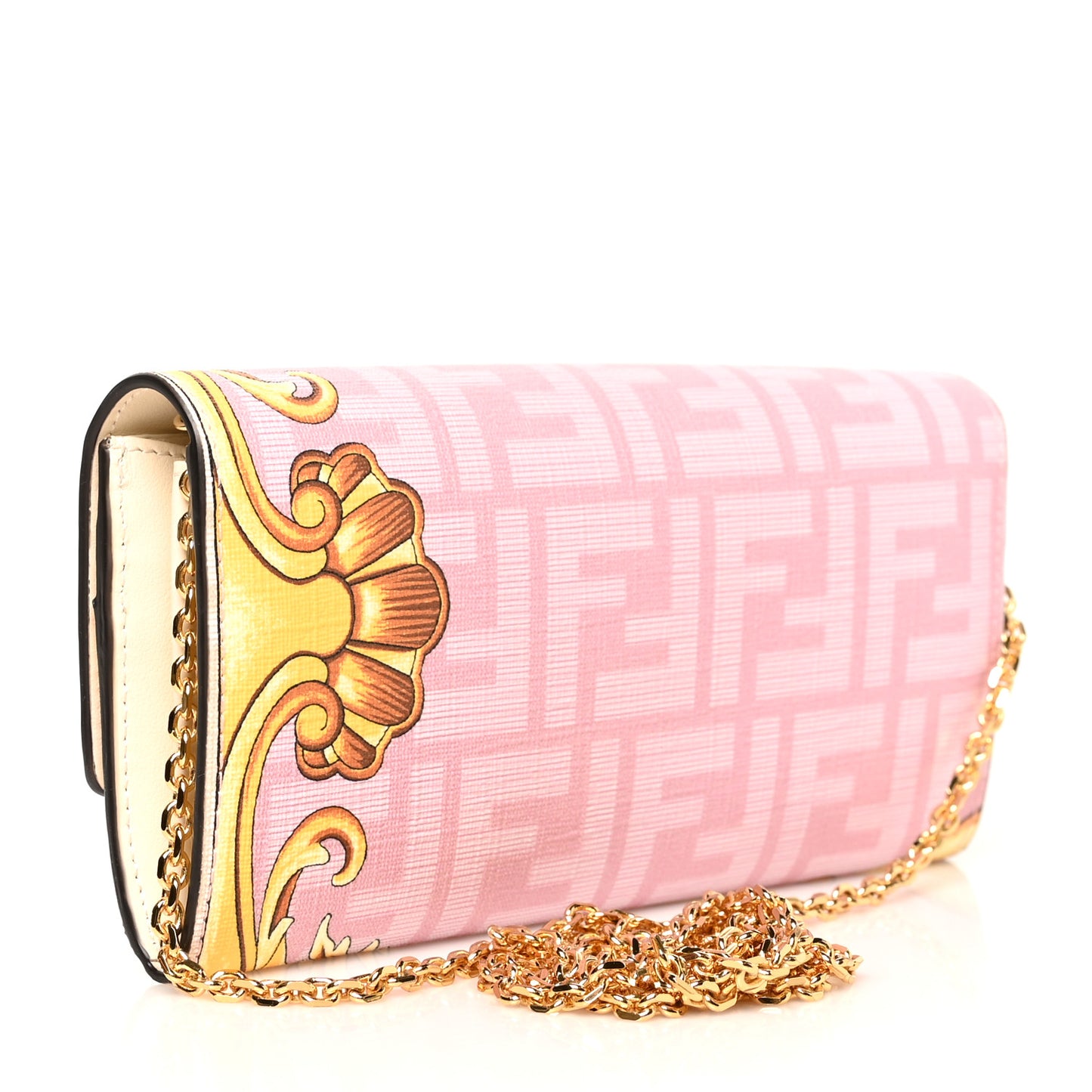 X VERSACE Glazed Fabric Fendace FF Baroque Continental Wallet On Chain Gold White Rosa