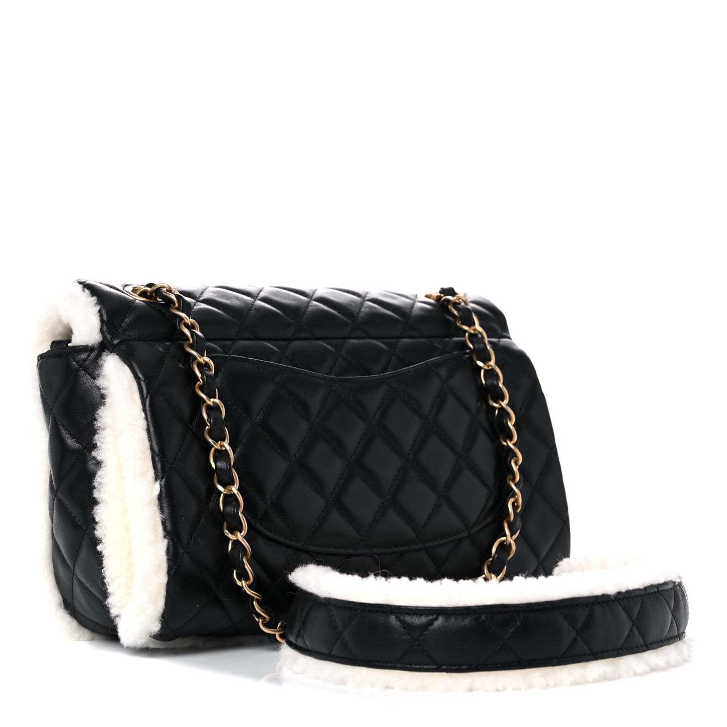 Lambskin Shearling Large CC Flap Bag Black White