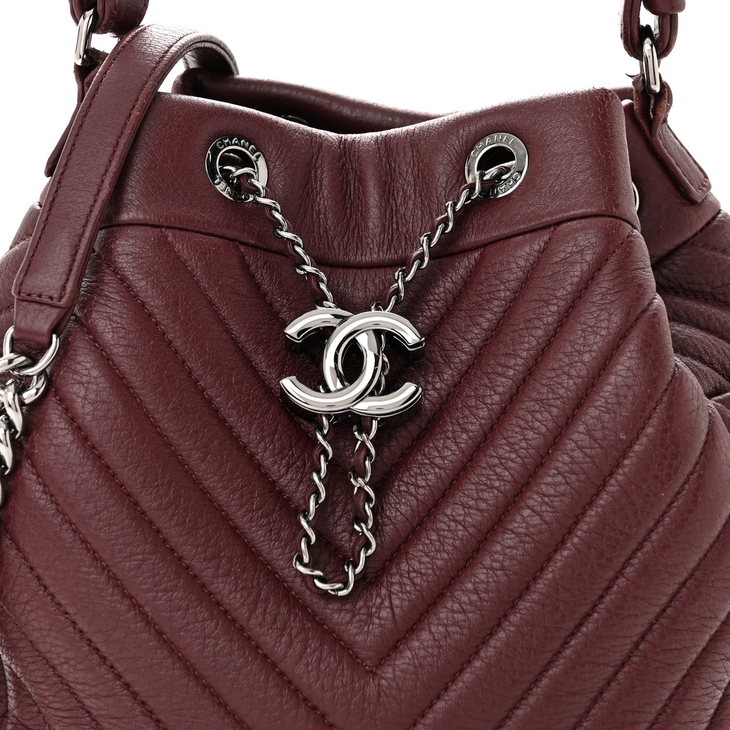 Deerskin Chevron Small CC Chain Bucket Bag Burgundy