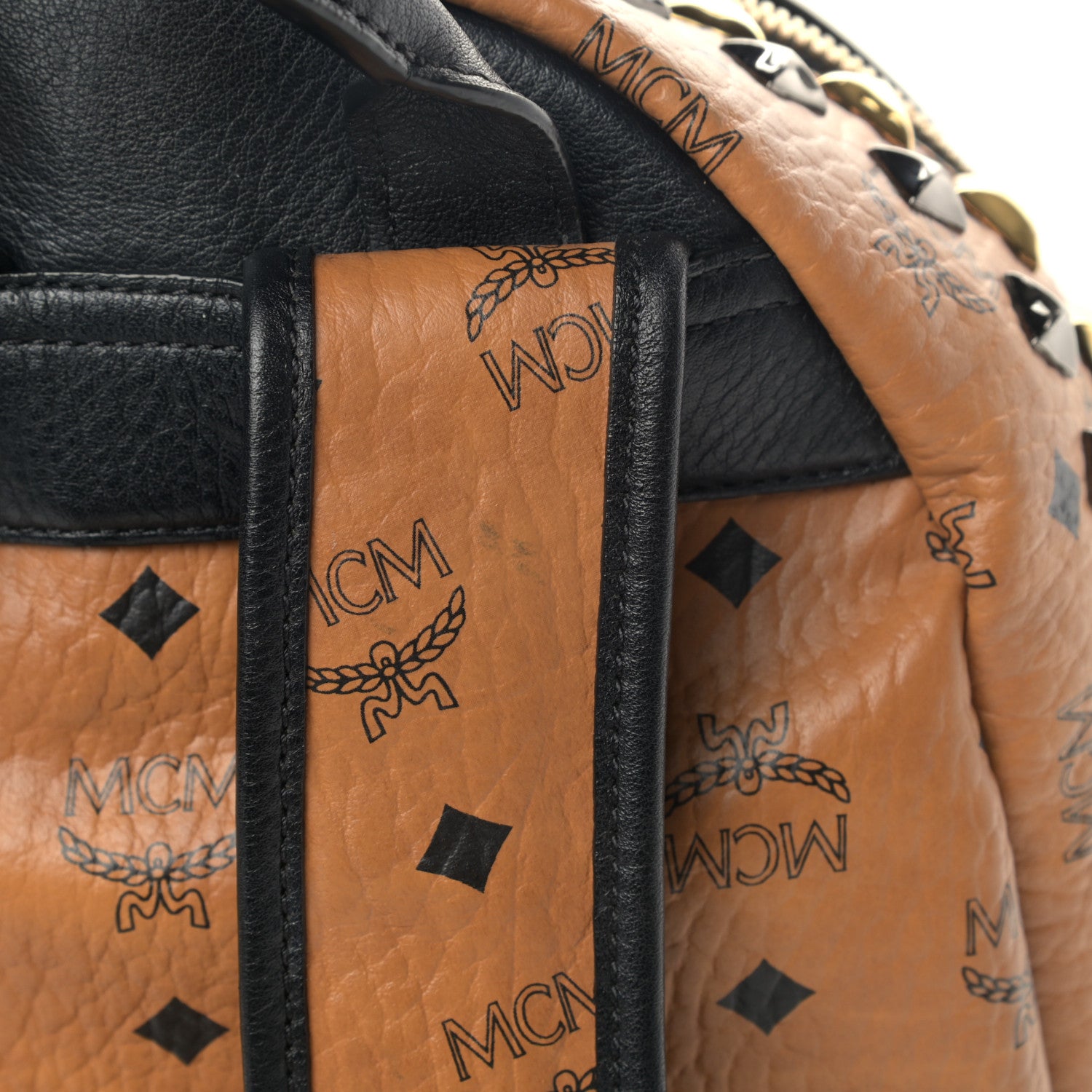 MCM Visetos Studded Colorblock Small Stark Brock Backpack Cognac Black 13 of 13