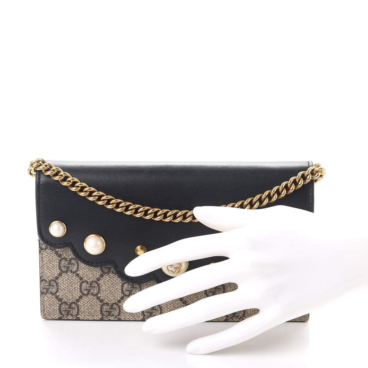 GG Supreme Monogram Mini Peony Pearly Wallet on Chain Black