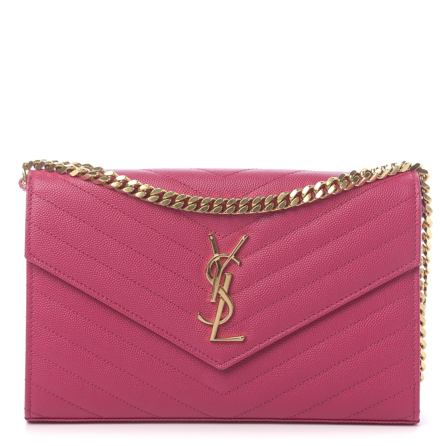 Saint Laurent Grain De Poudre Matelasse Chevron Monogram Chain Wallet Fuchsia 1 of 11