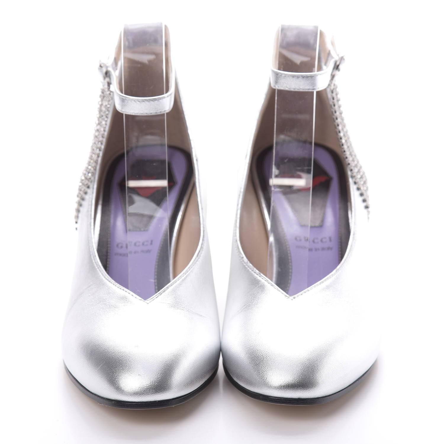 Gucci Metallic Nappa Crystal Square G Mid Heel Pumps 38 Silver 2 of 12