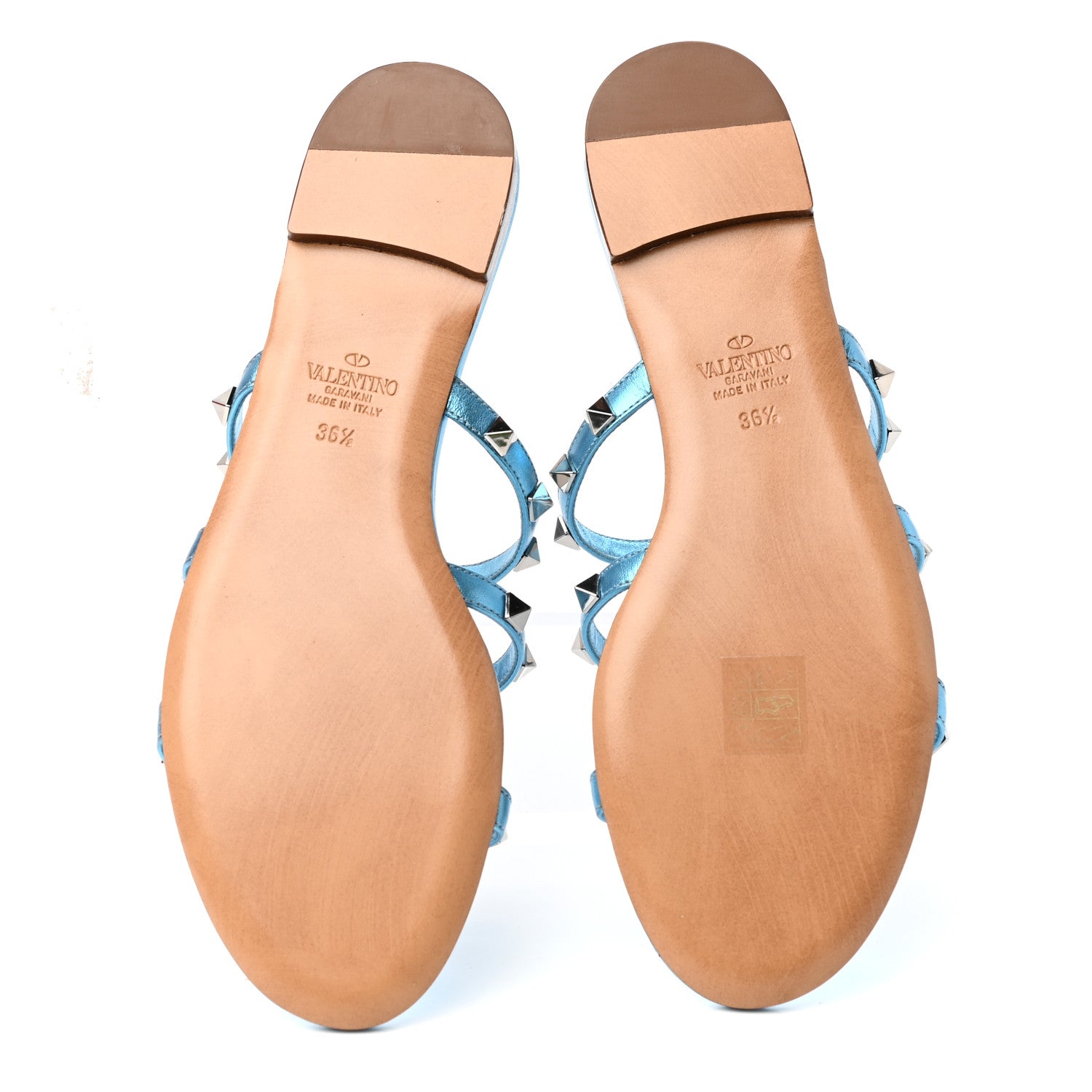 Valentino Garavani Metallic Nappa Rockstud Caged Flat Slide Sandals 36.5 Cerulean 6 of 10