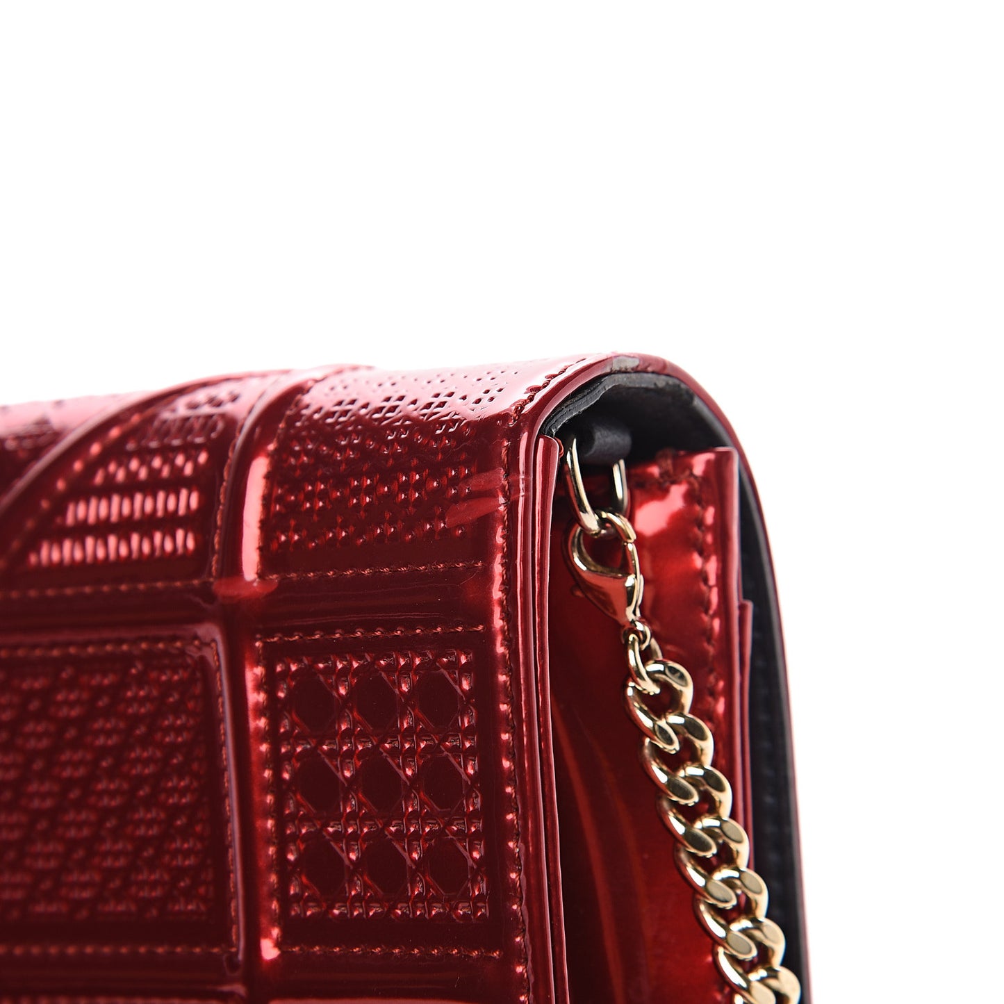 Metallic Patent Micro-Cannage Diorama Wallet on Chain Pouch Red