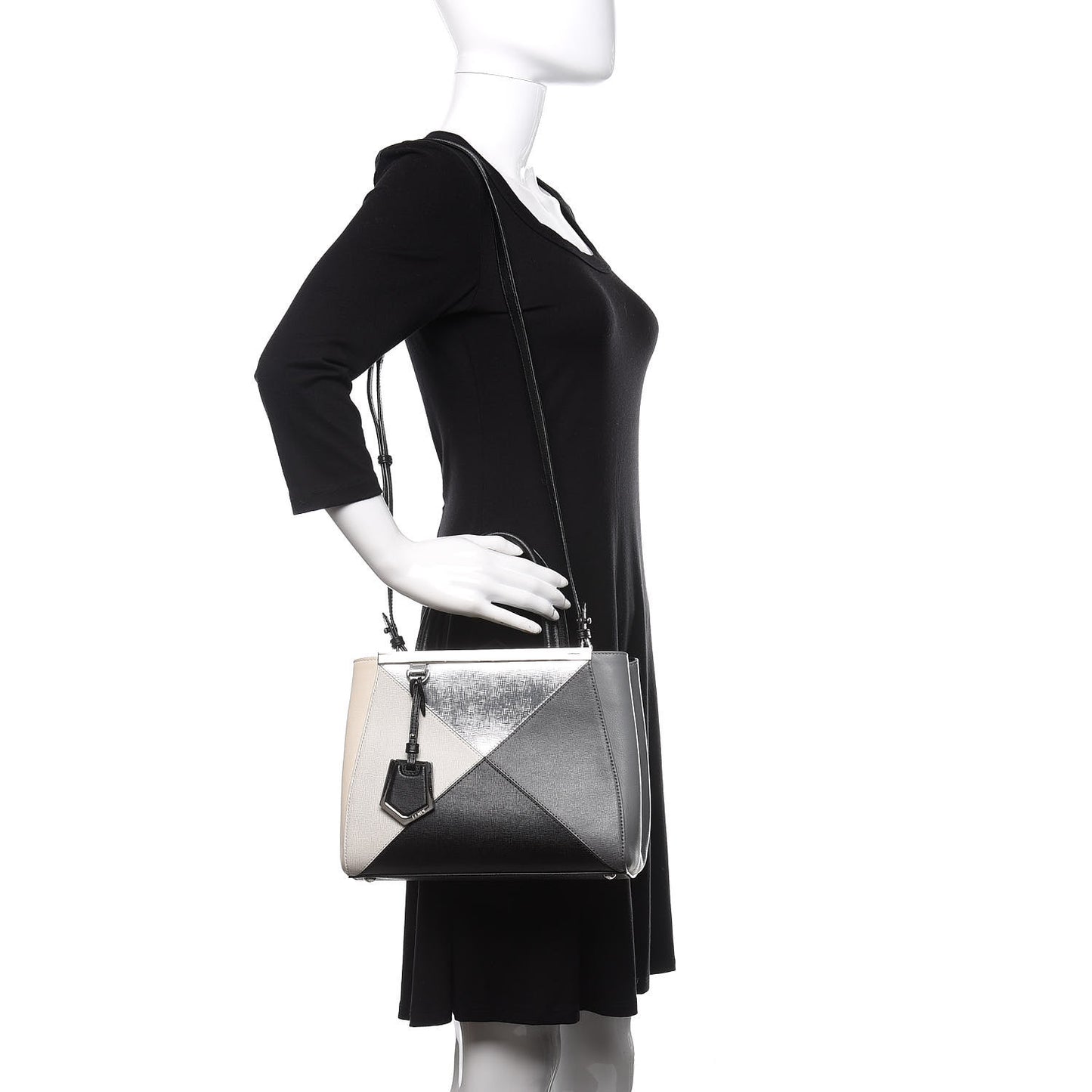 Vitello Elite Calfskin Colorblock Petite 2Jours Tote Black Multicolor White Argento