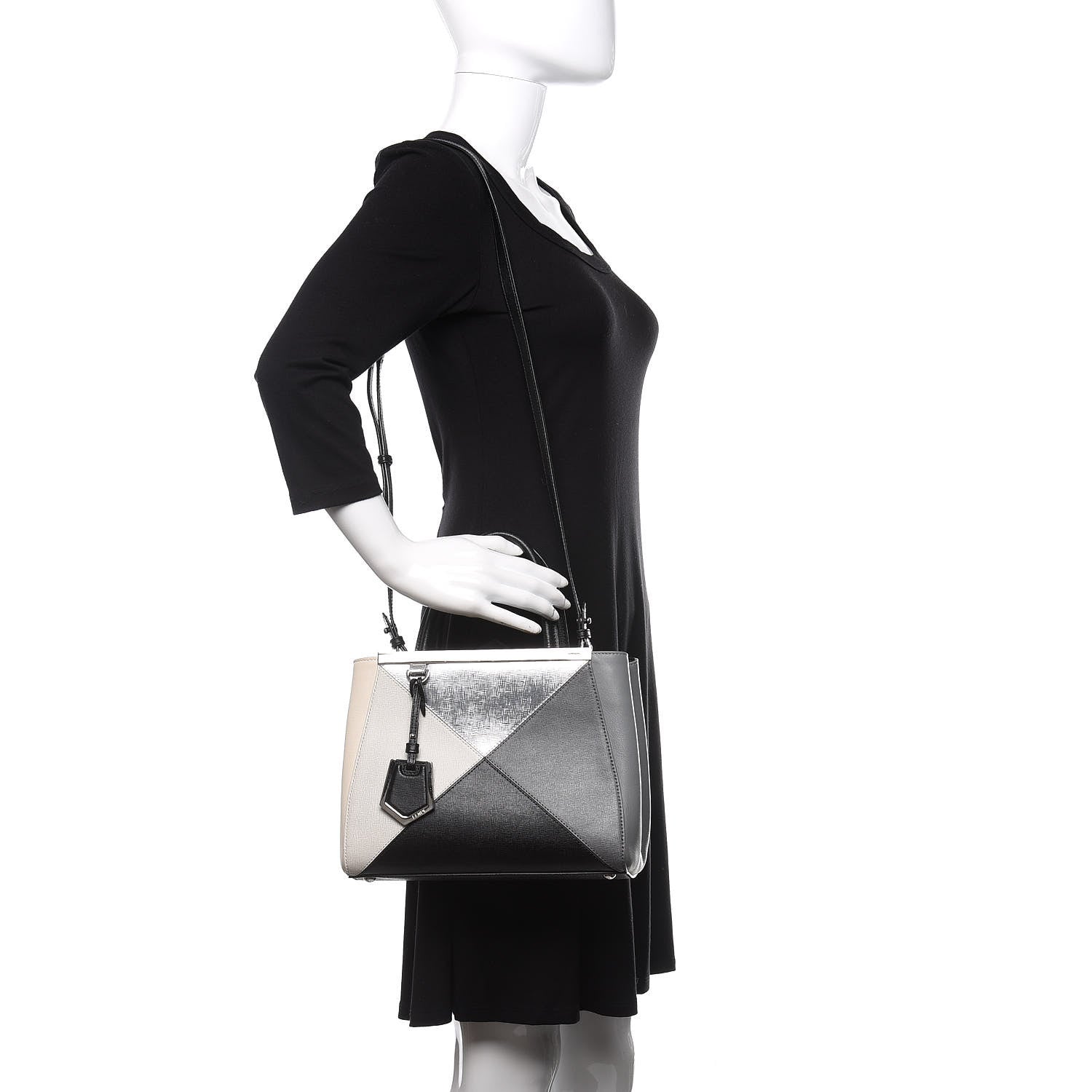Fendi Vitello Elite Calfskin Colorblock Petite 2Jours Tote Black Multicolor White Argento 2 of 10