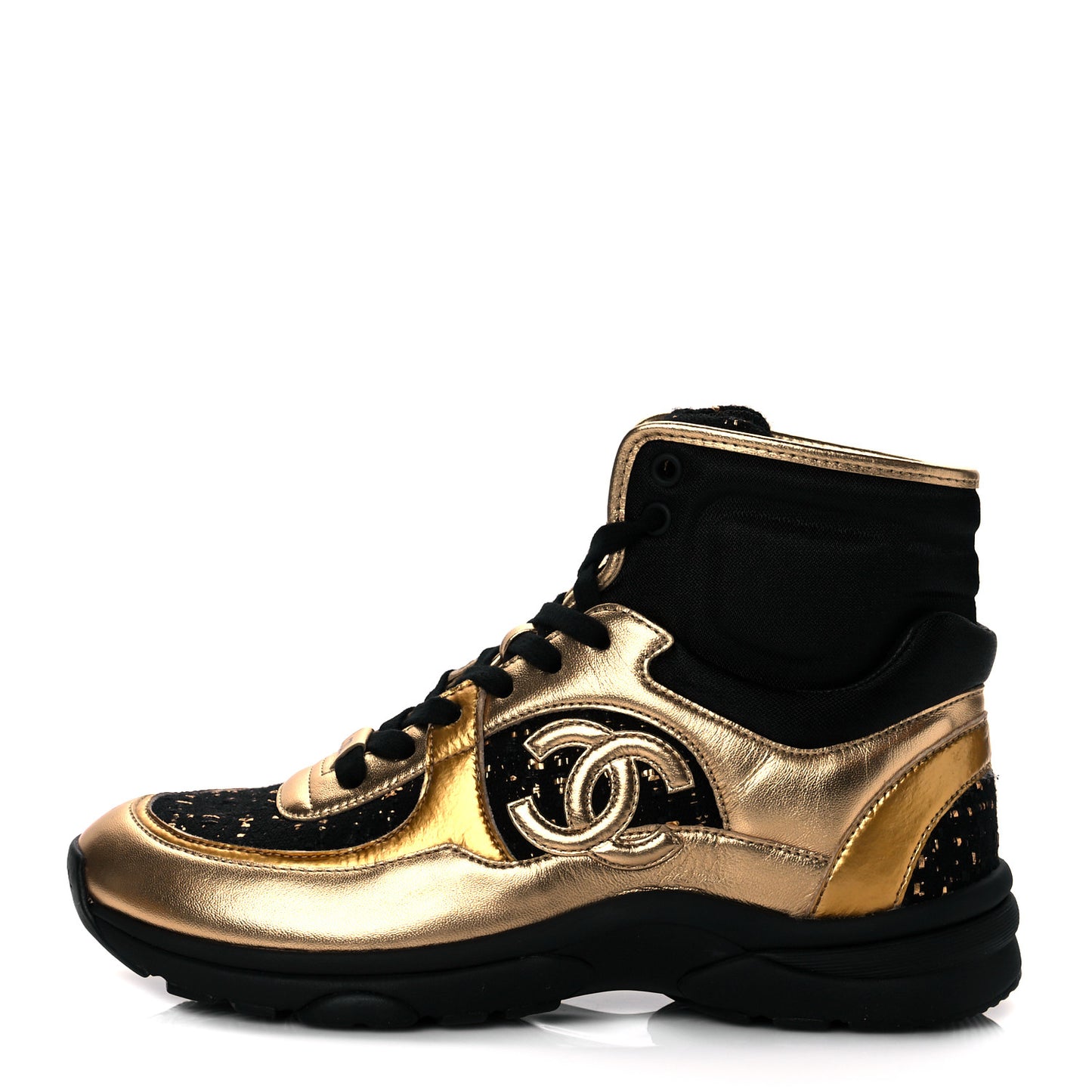 Satin Lambskin Fabric Tweed CC High Top Sneakers 37.5 Black Gold