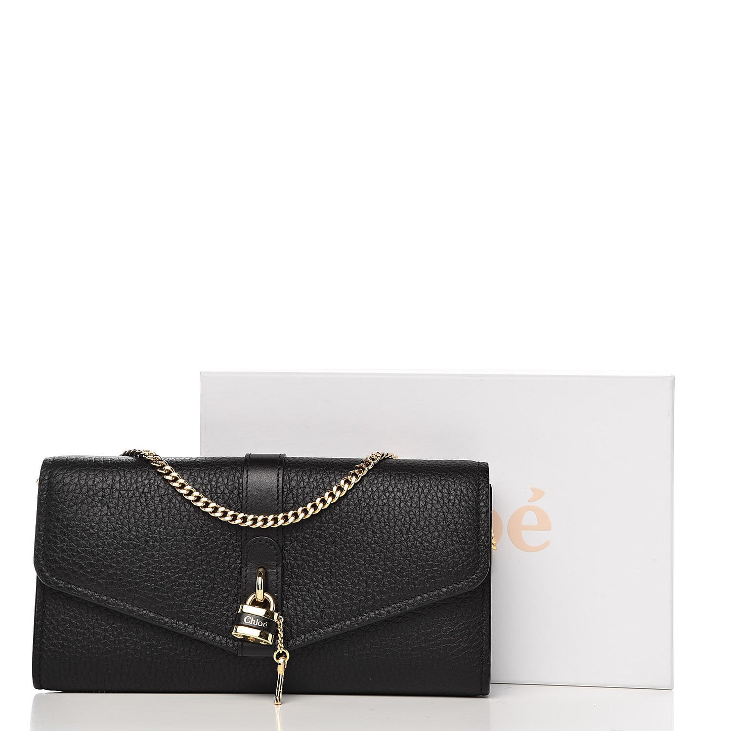 Shiny Grained Calfskin Aby Wallet on Chain Black