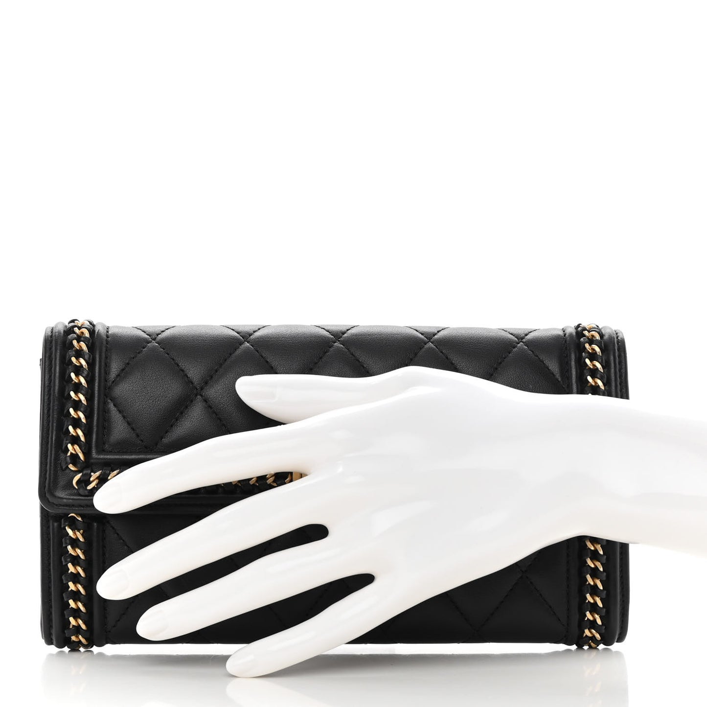 Calfskin Quilted Boy Chain Around Flap Wallet Black