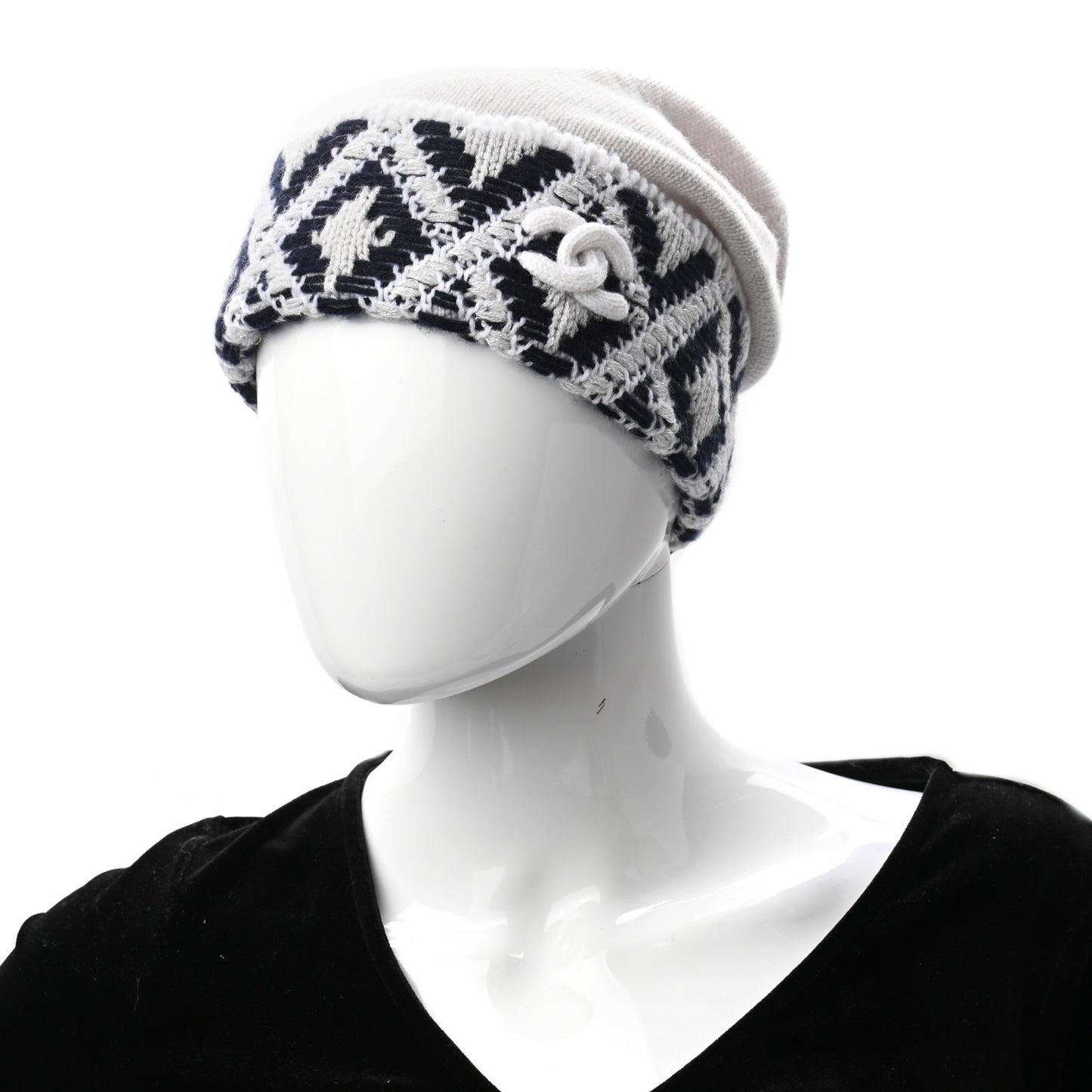 Cashmere Blend CC Beanie Hat White Navy Blue