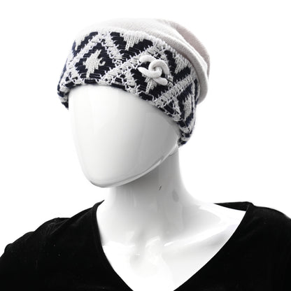 Chanel Cashmere Blend CC Beanie Hat White Navy Blue 2 of 4